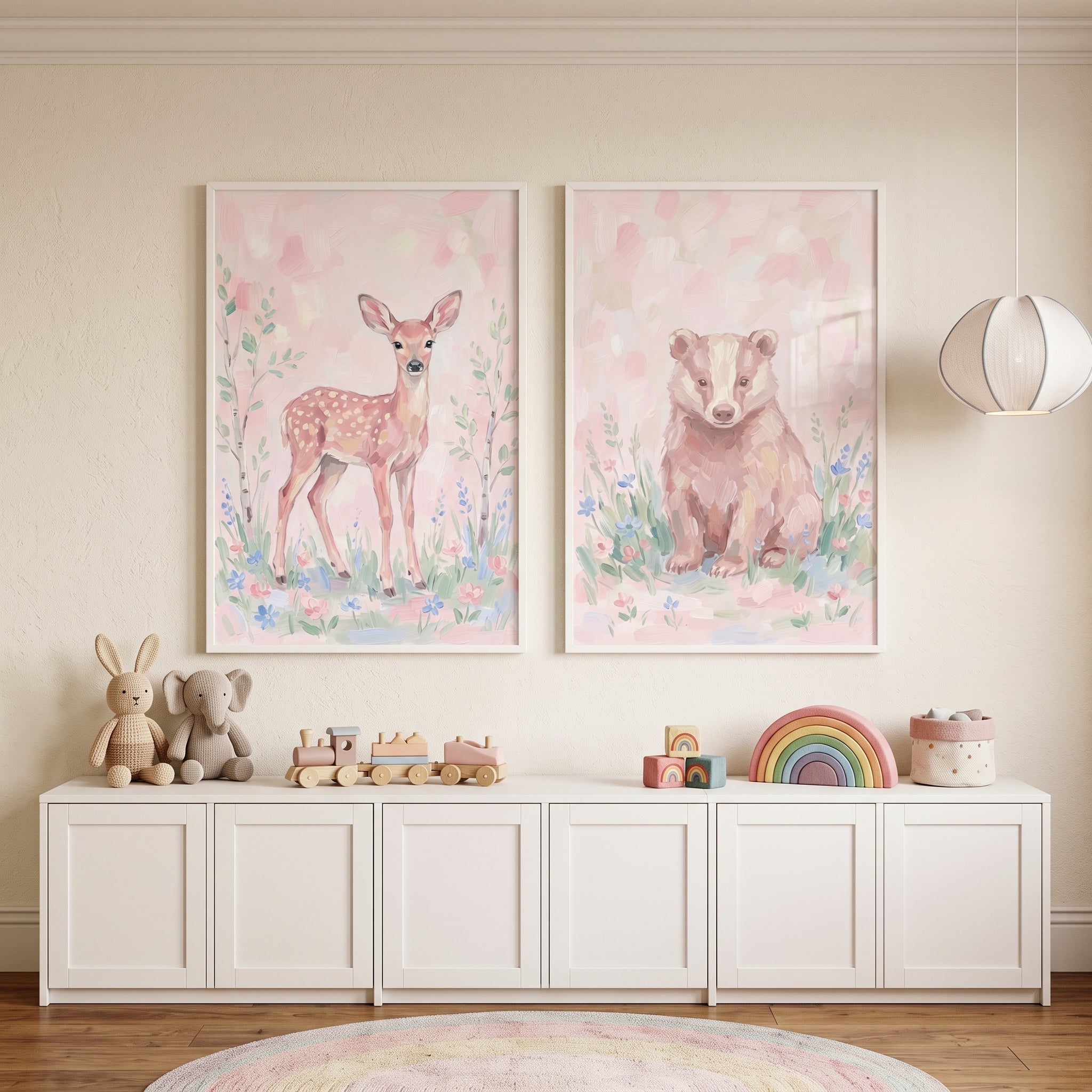 Soft Meadow Woodland Animals Wall Art Set of 2 - Soft Forest Friends