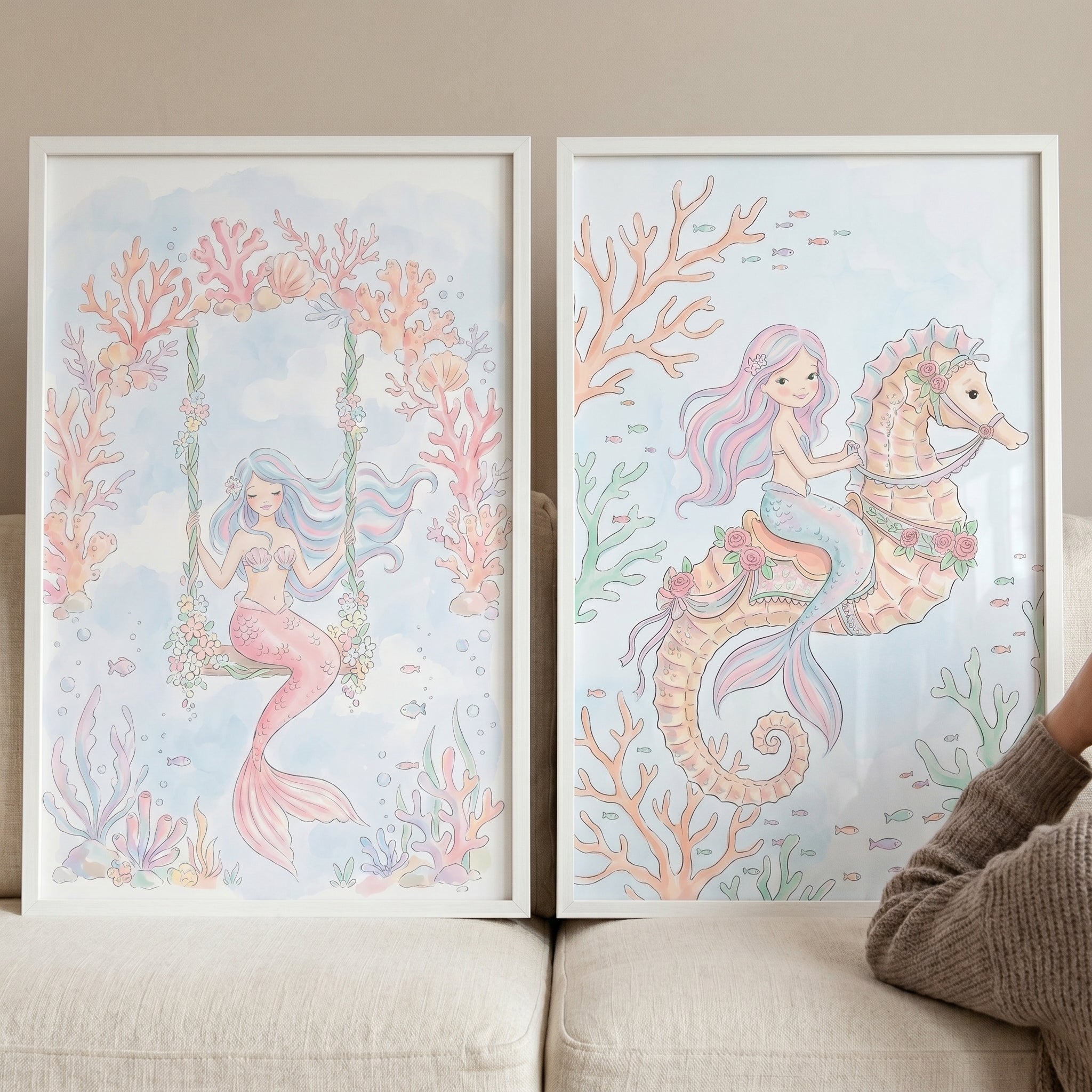Soft Mermaid Wall Art Set of 2 - Whimsical Mermaid Dreams