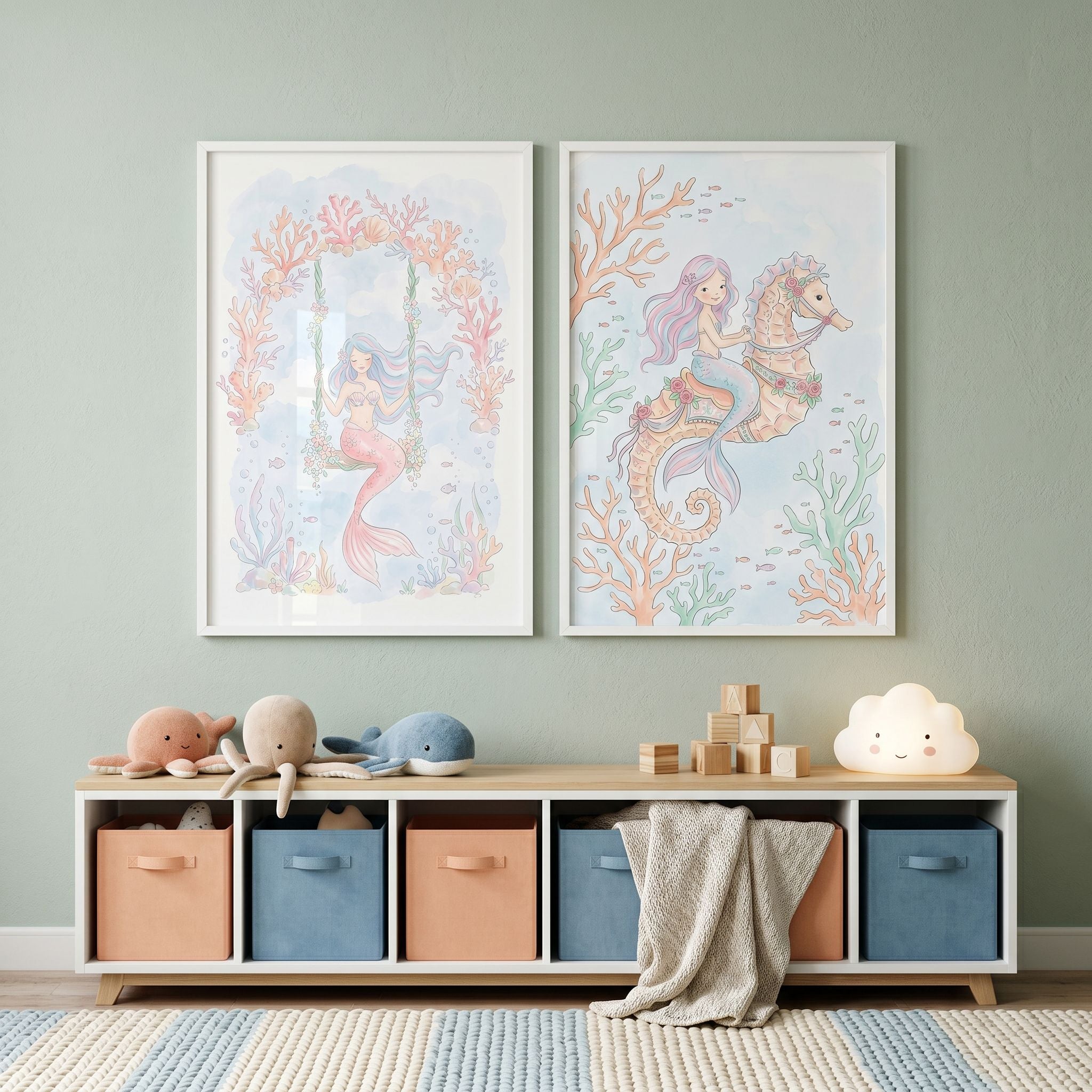 Soft Mermaid Wall Art Set of 2 - Whimsical Mermaid Dreams