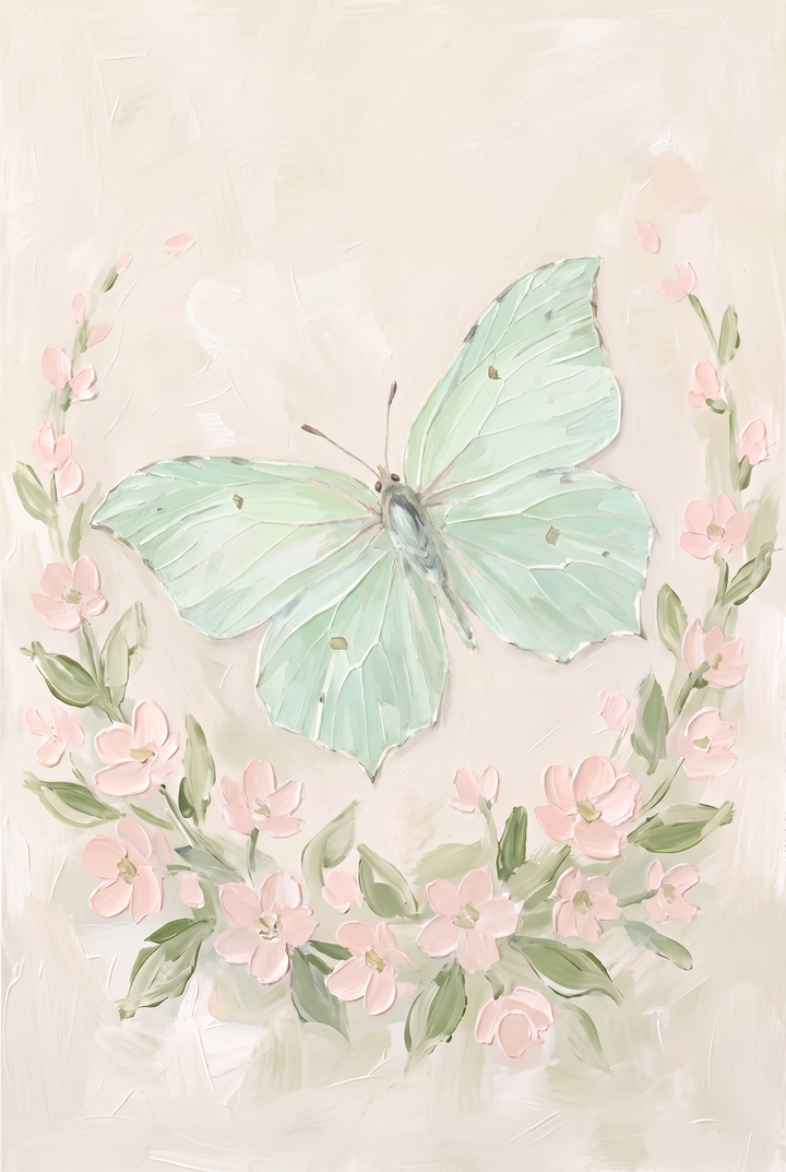 Soft mint green butterfly wall art featuring a floral wreath of pink blossoms and green leaves on a cream background.