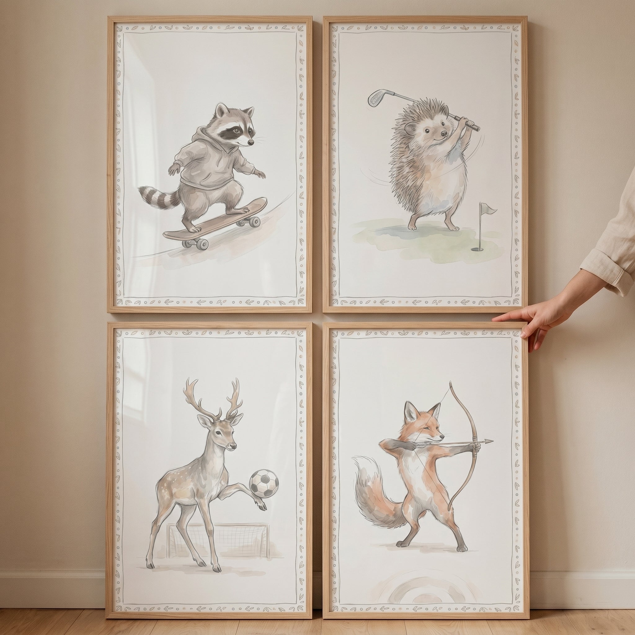 Soft Muted Athletic Animals Wall Art Set of 4 - Woodland Sports Club