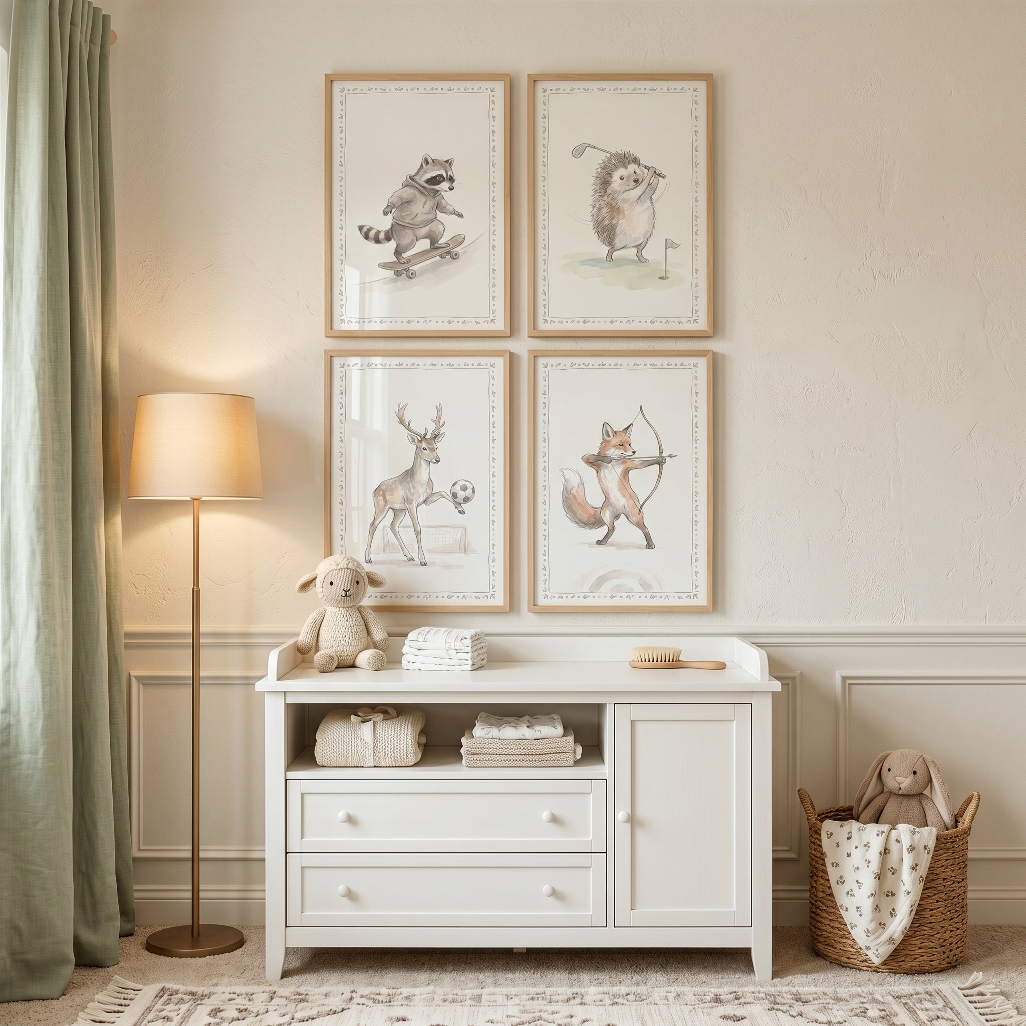 Soft Muted Athletic Animals Wall Art Set of 4 - Woodland Sports Club