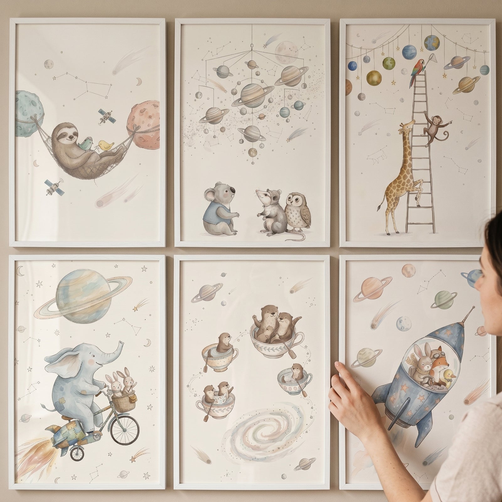 Soft muted celestial animals wall art set of 6 displayed above a wooden console in a cozy, neutral-toned nursery.