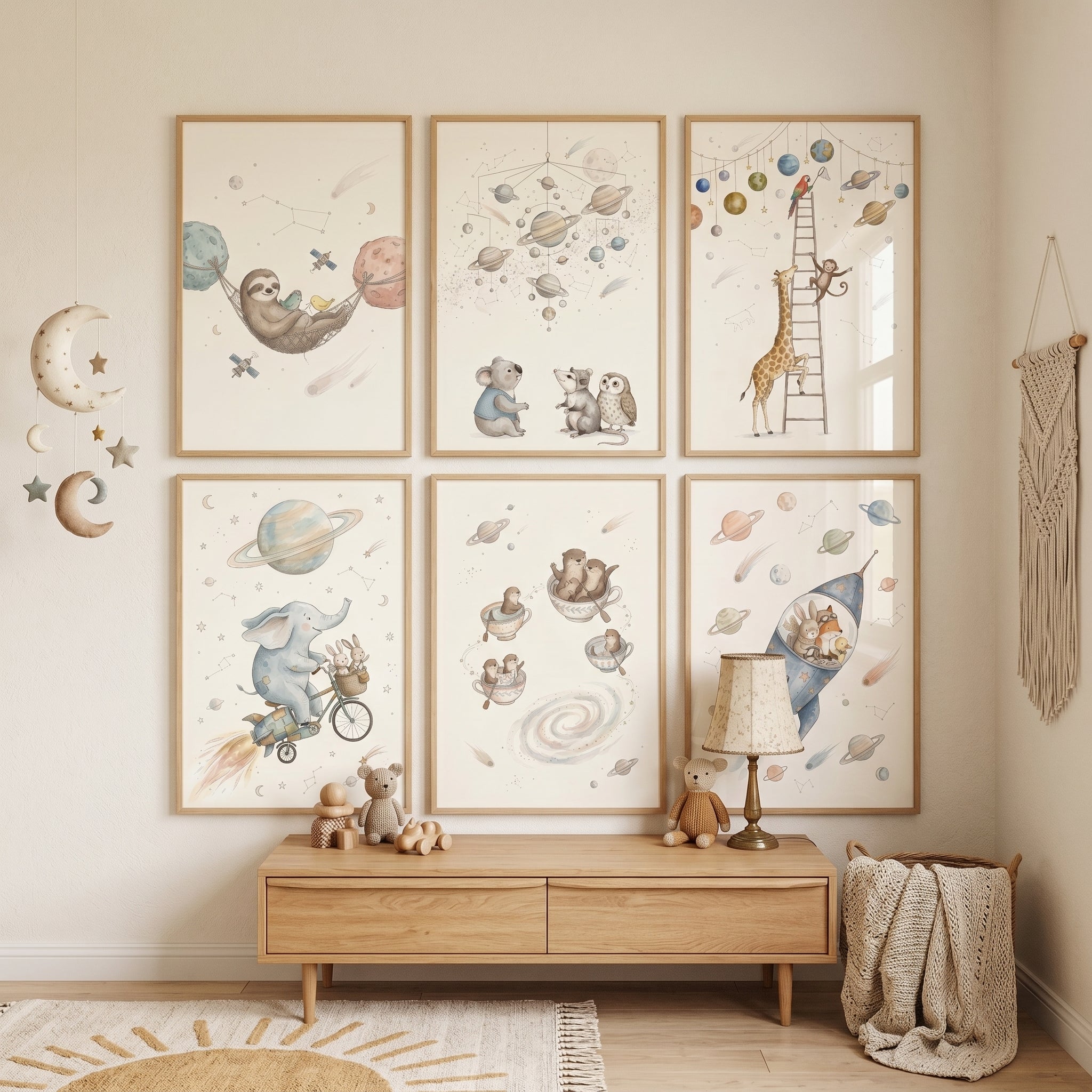 Soft Muted Celestial Animals Wall Art Set of 6 - Cosmic Animal Friends