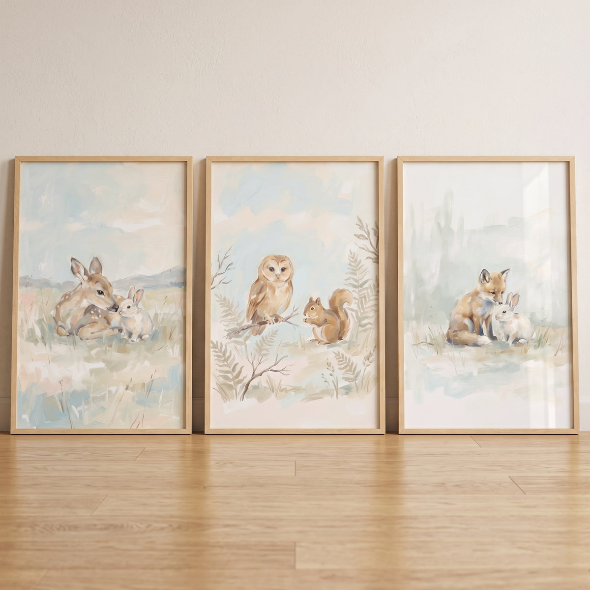 Soft Muted Woodland Animals Wall Art Set Of 3 - Whimsical Woodland Friends