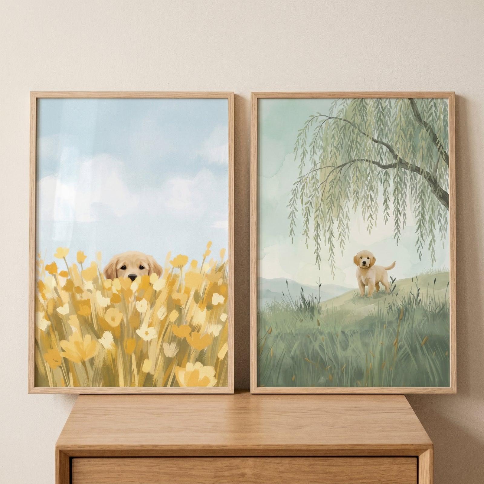 Soft nature golden retriever artwork set of 2 showing a puppy in yellow flowers and another under a weeping willow tree.