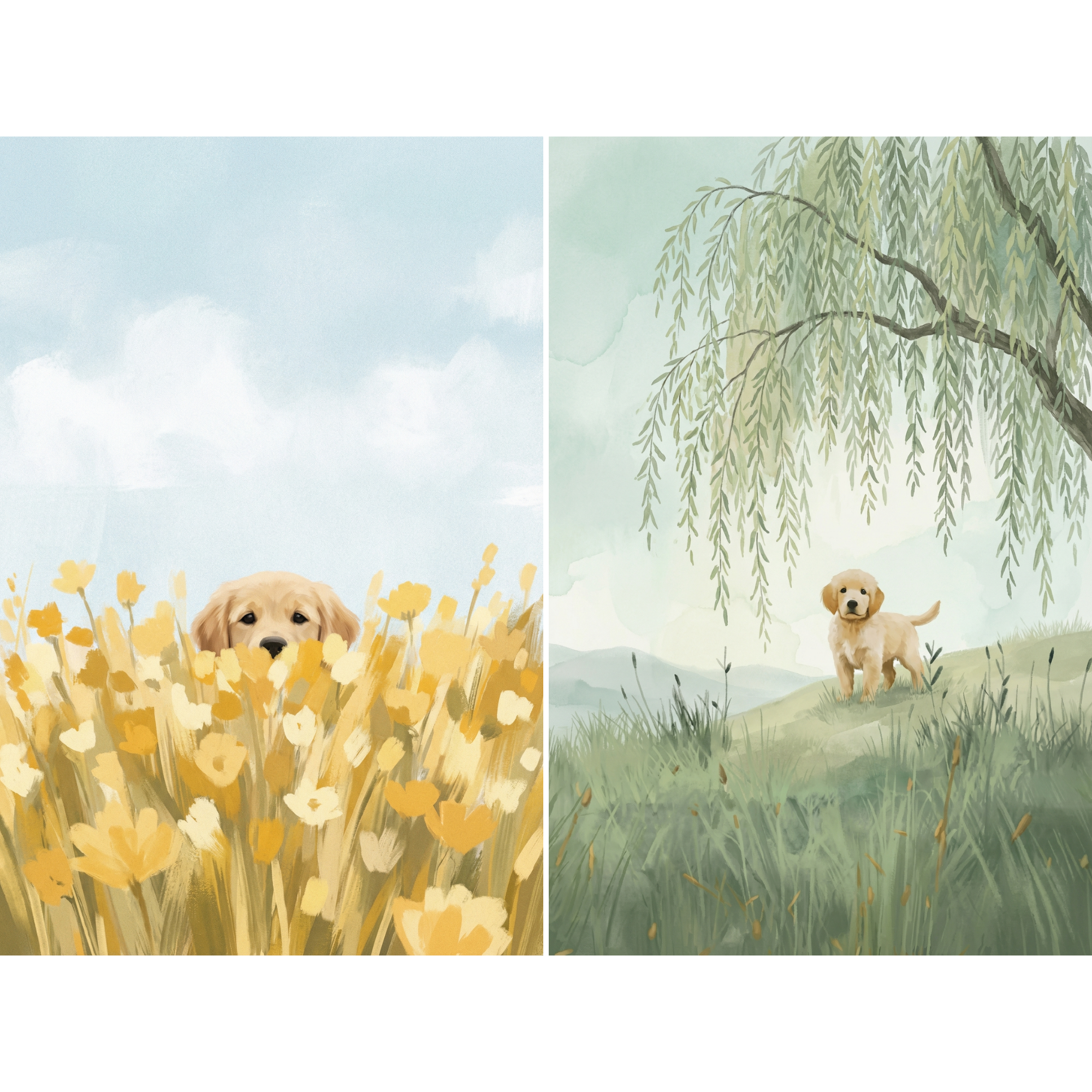 Soft Nature Golden Retriever Artwork Set of 2 - Golden Meadow Puppy
