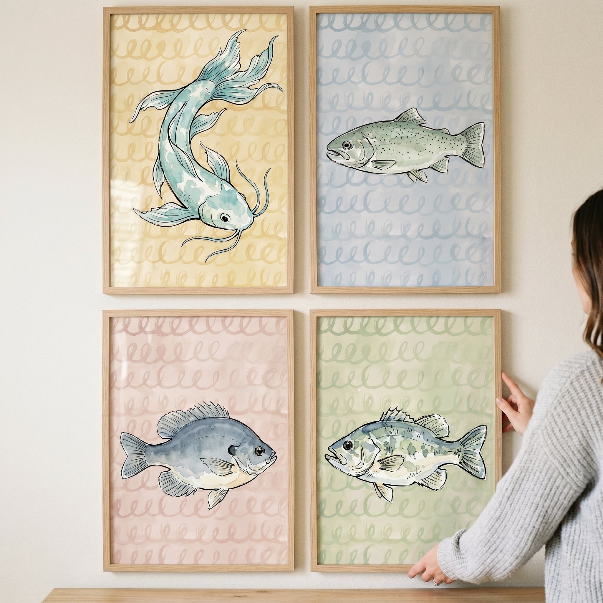 Soft Nautical Watercolor Fish Wall Art Set of 4 - Serene Aquatic Quartet