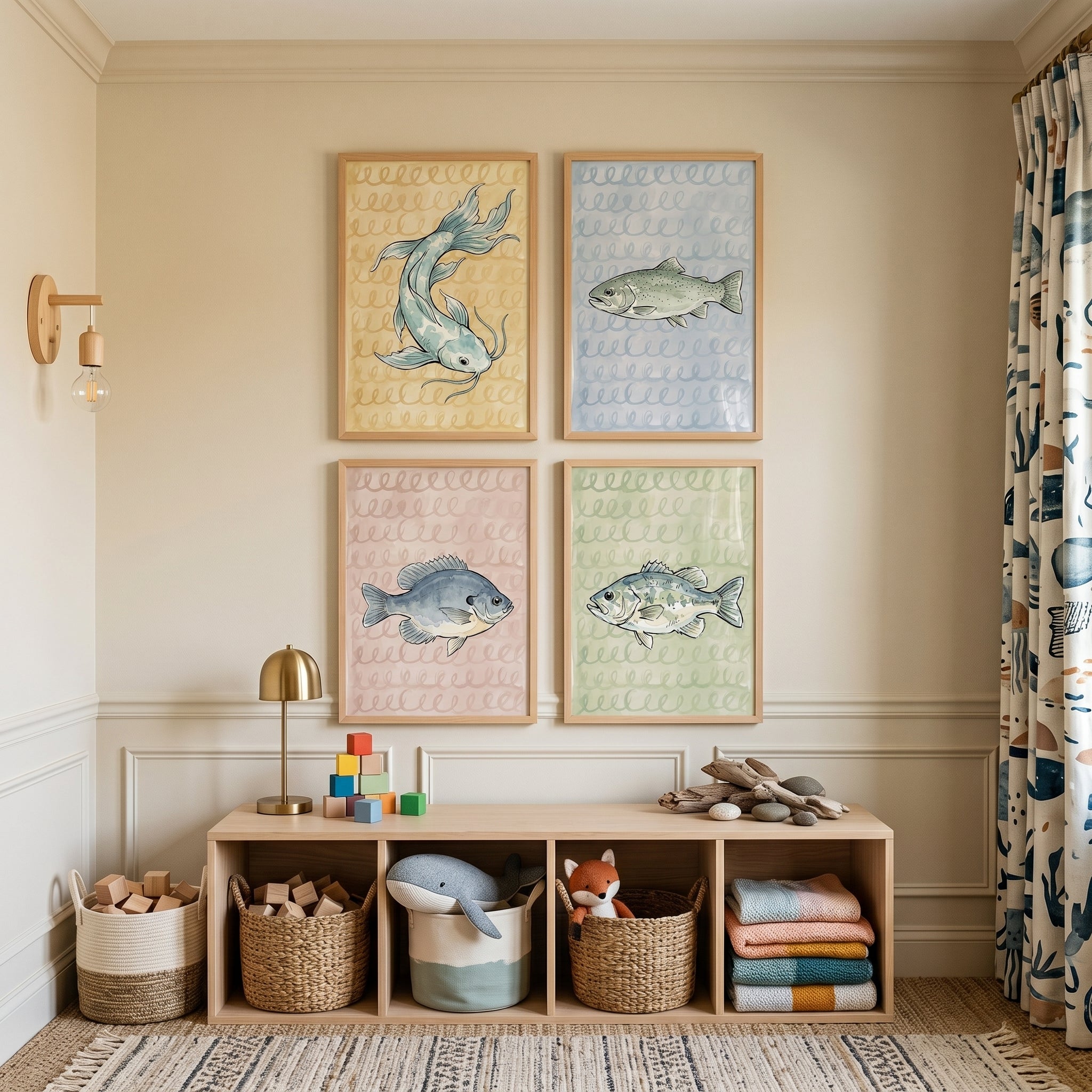 Soft Nautical Watercolor Fish Wall Art Set of 4 - Serene Aquatic Quartet