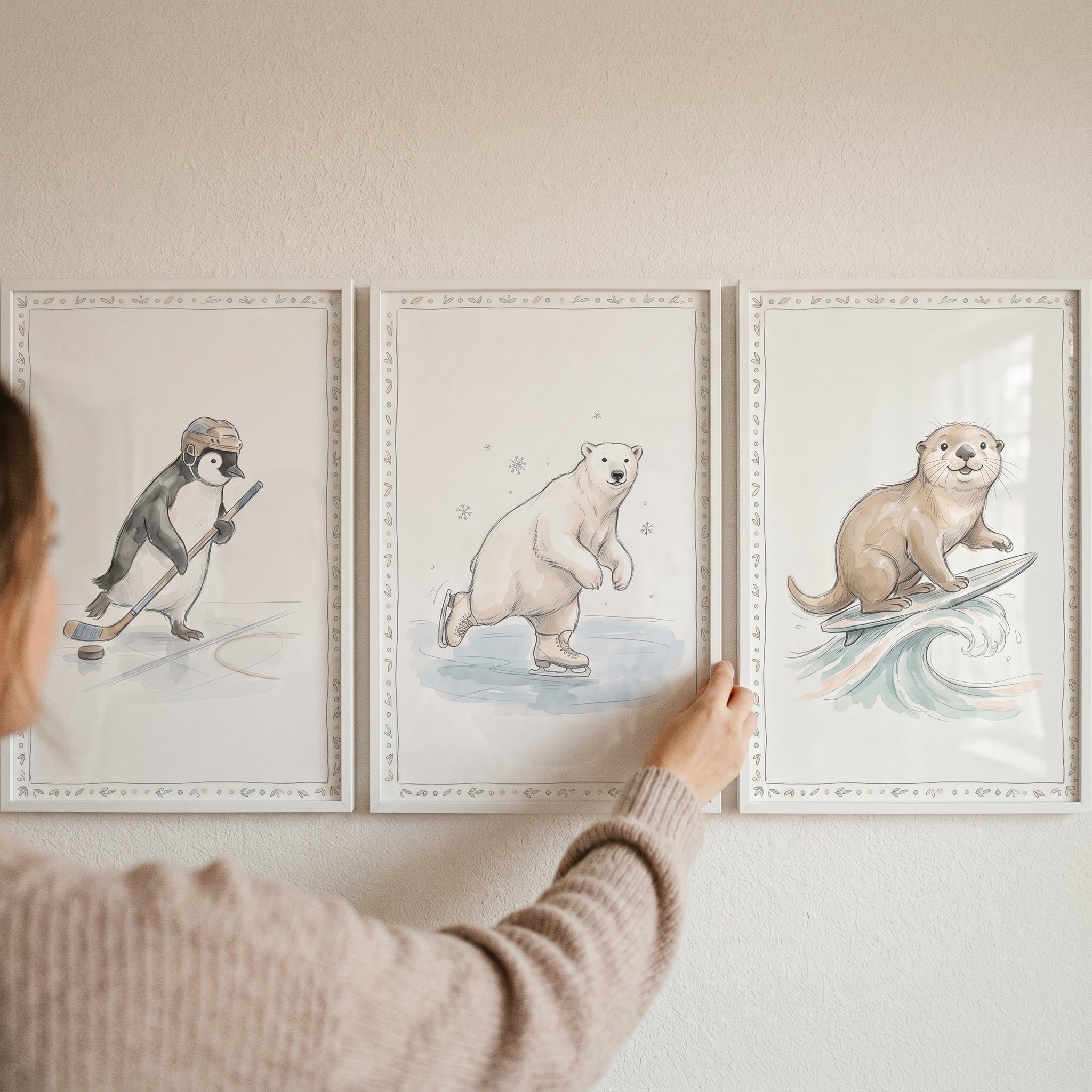 Soft Neutral Active Animal Wall Art Set of 3 - Cute Athletic Trio