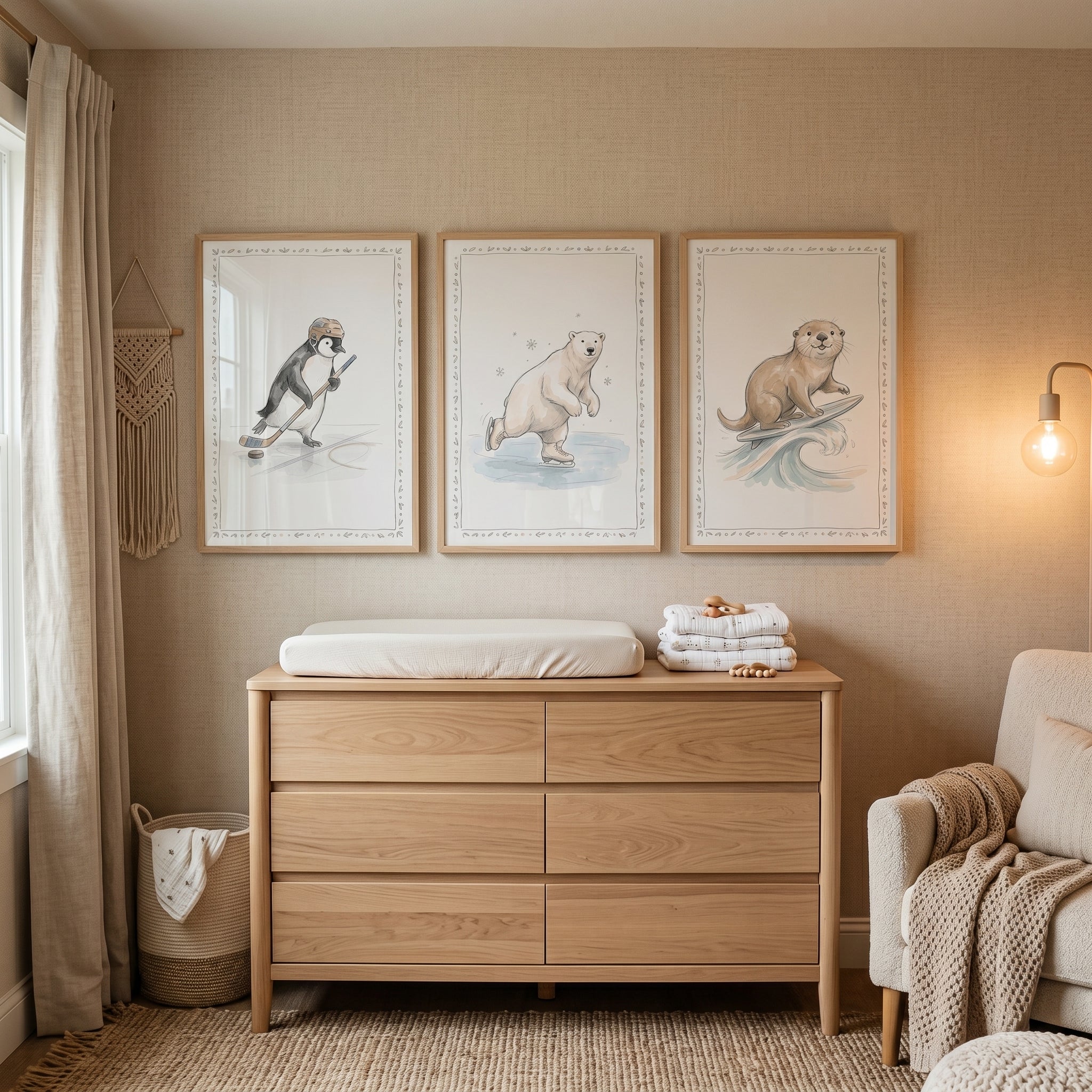 Soft Neutral Active Animal Wall Art Set of 3 - Cute Athletic Trio
