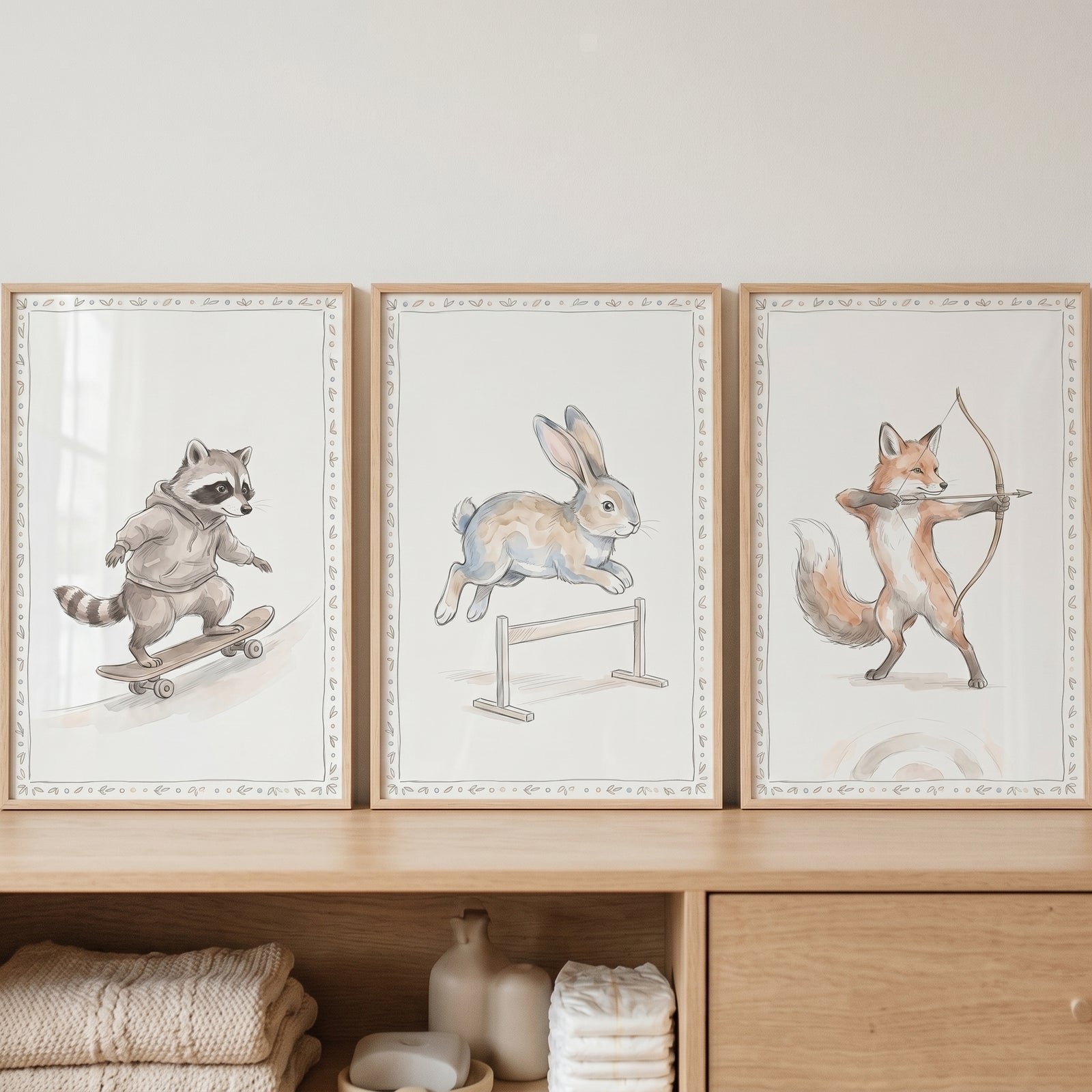 Soft neutral athletic animals artwork set of 3 with a skateboarding raccoon, a jumping rabbit, and a fox doing archery.