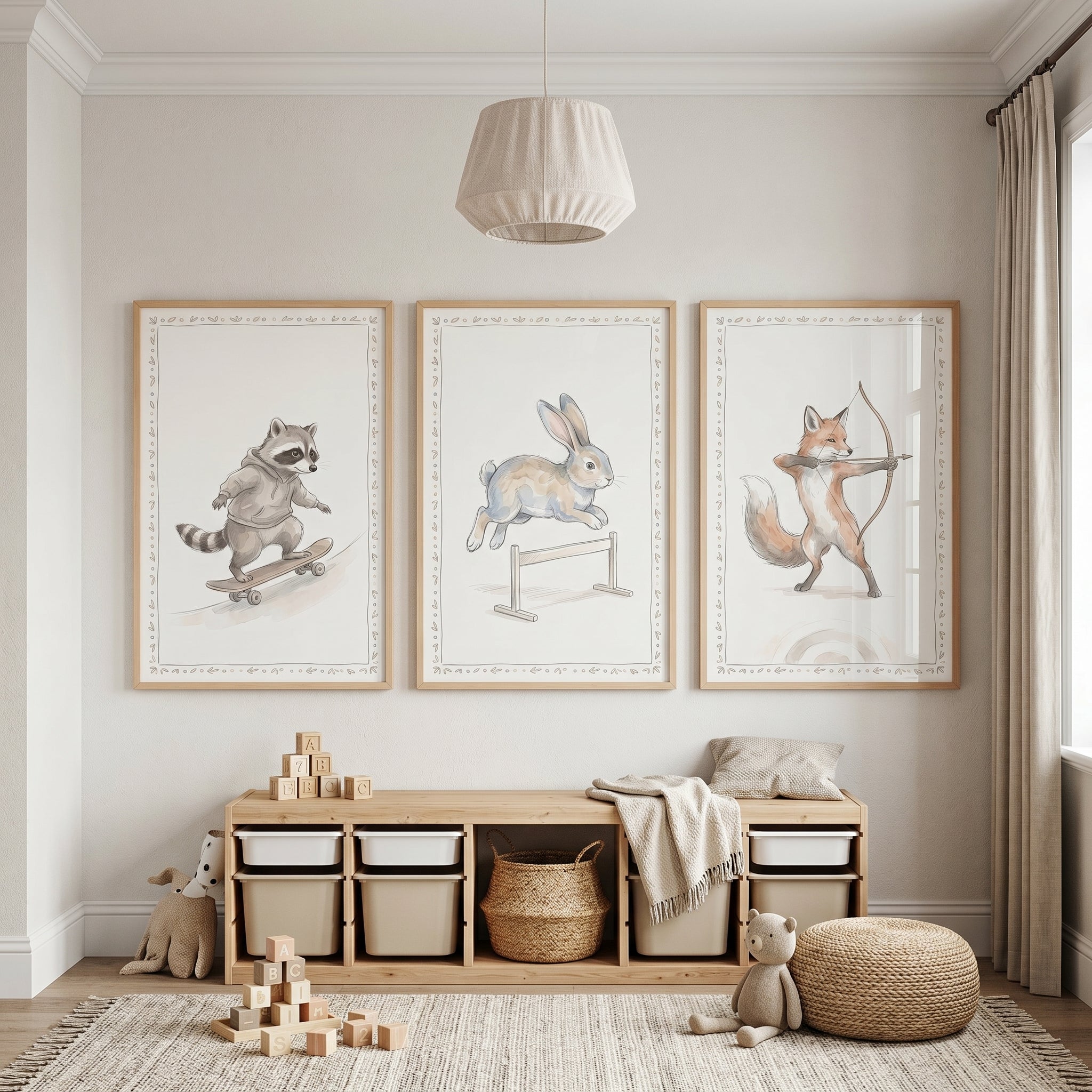 Soft Neutral Athletic Animals Artwork Set of 3 - Active Woodland Animals