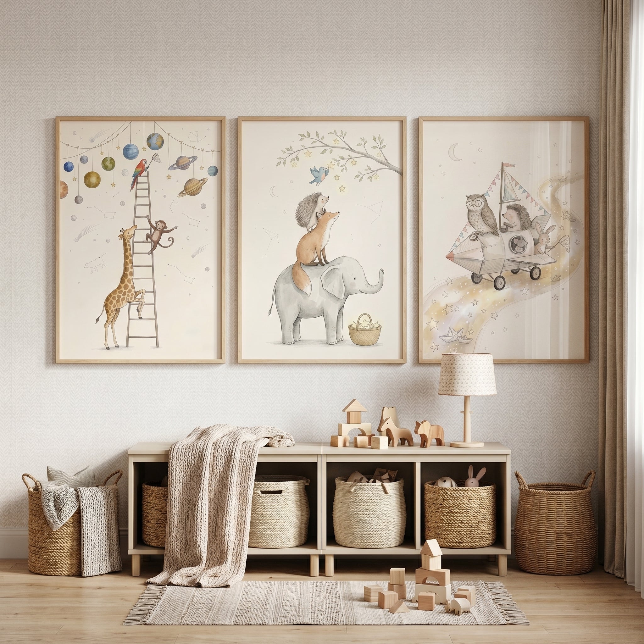 Soft Neutral Celestial Animals Wall Art Set of 3 - Whimsical Starry Safari