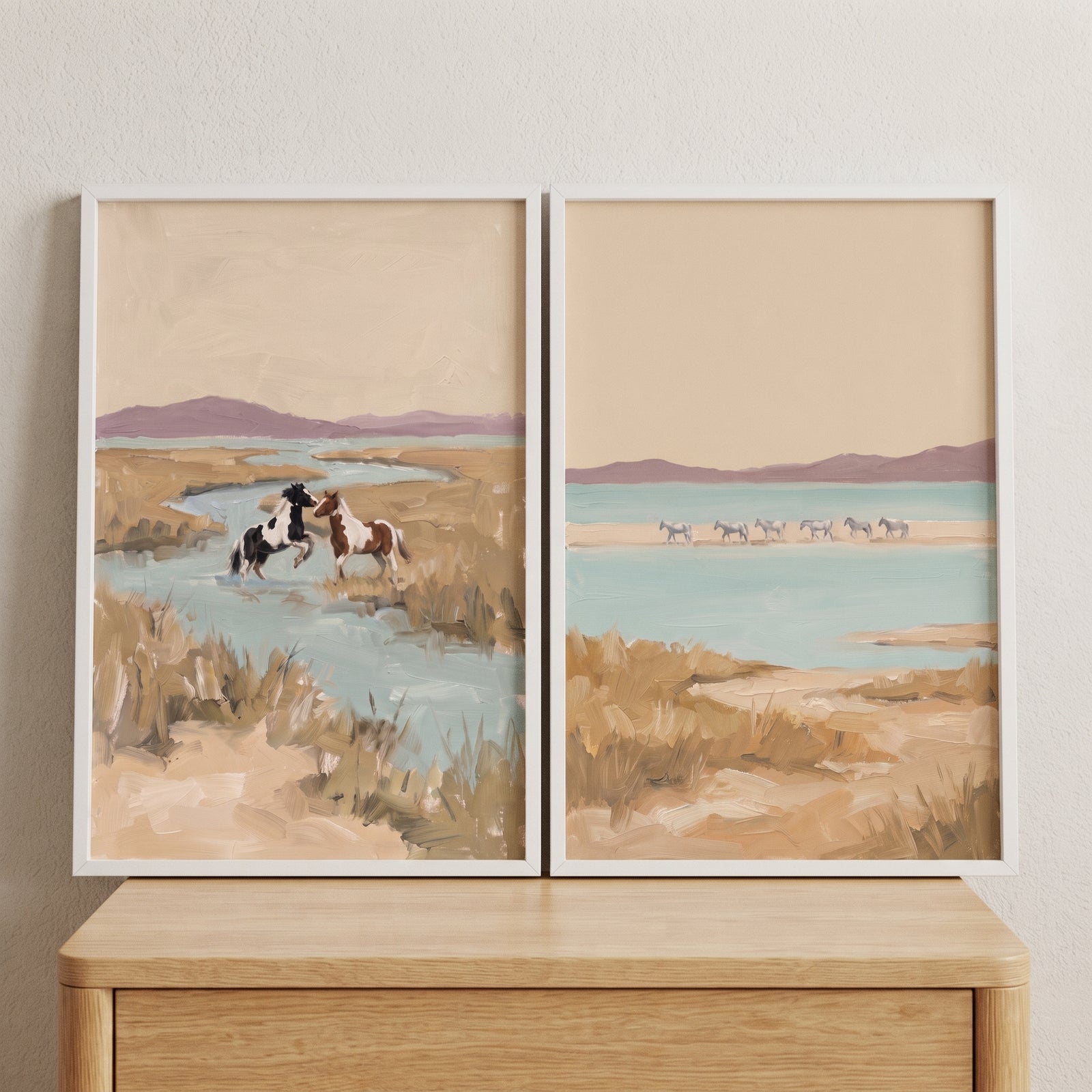Soft neutral coastal horse wall art set of 2 featuring wild horses in a marshy river and shoreline landscape.