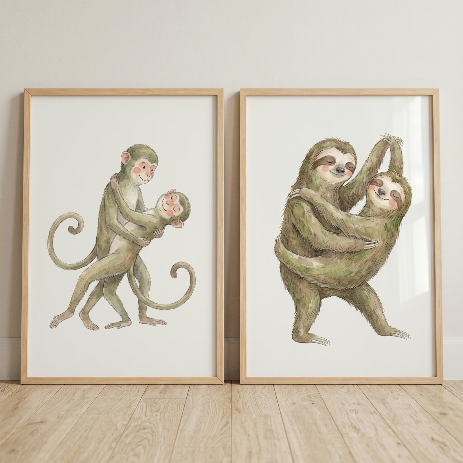 Soft neutral dancing animal wall art set of 2 with framed illustrations of dancing monkeys and sloths.
