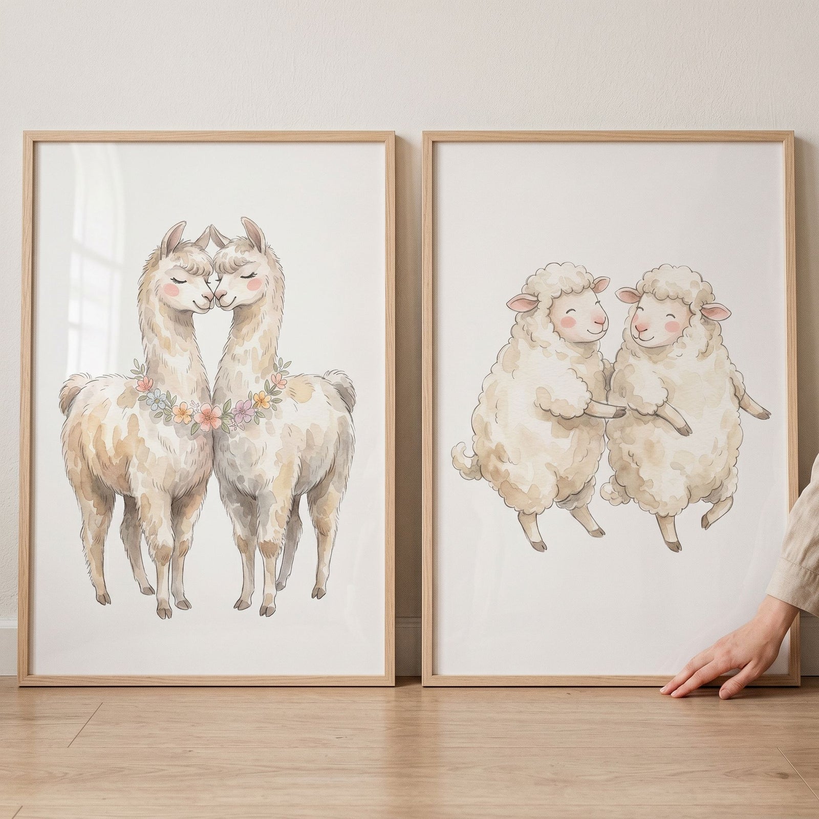 Soft neutral farm animal wall art set of 2 featuring two llamas with flowers and two fluffy sheep in wood frames.