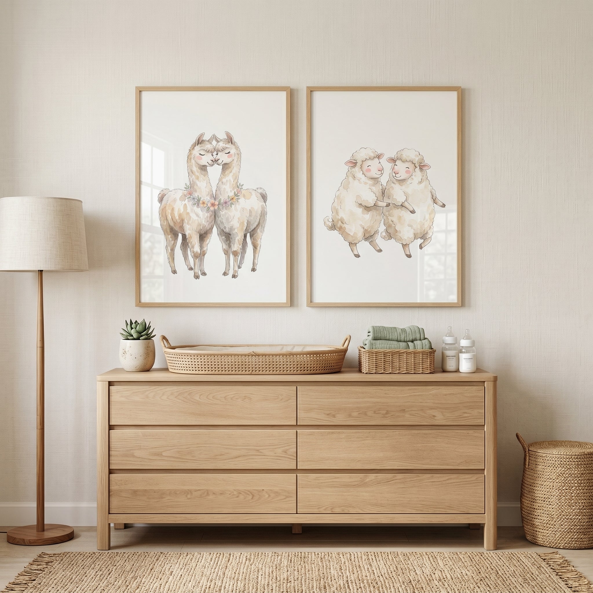 Soft Neutral Farm Animal Wall Art Set of 2 - Sweet Fluffy Friends