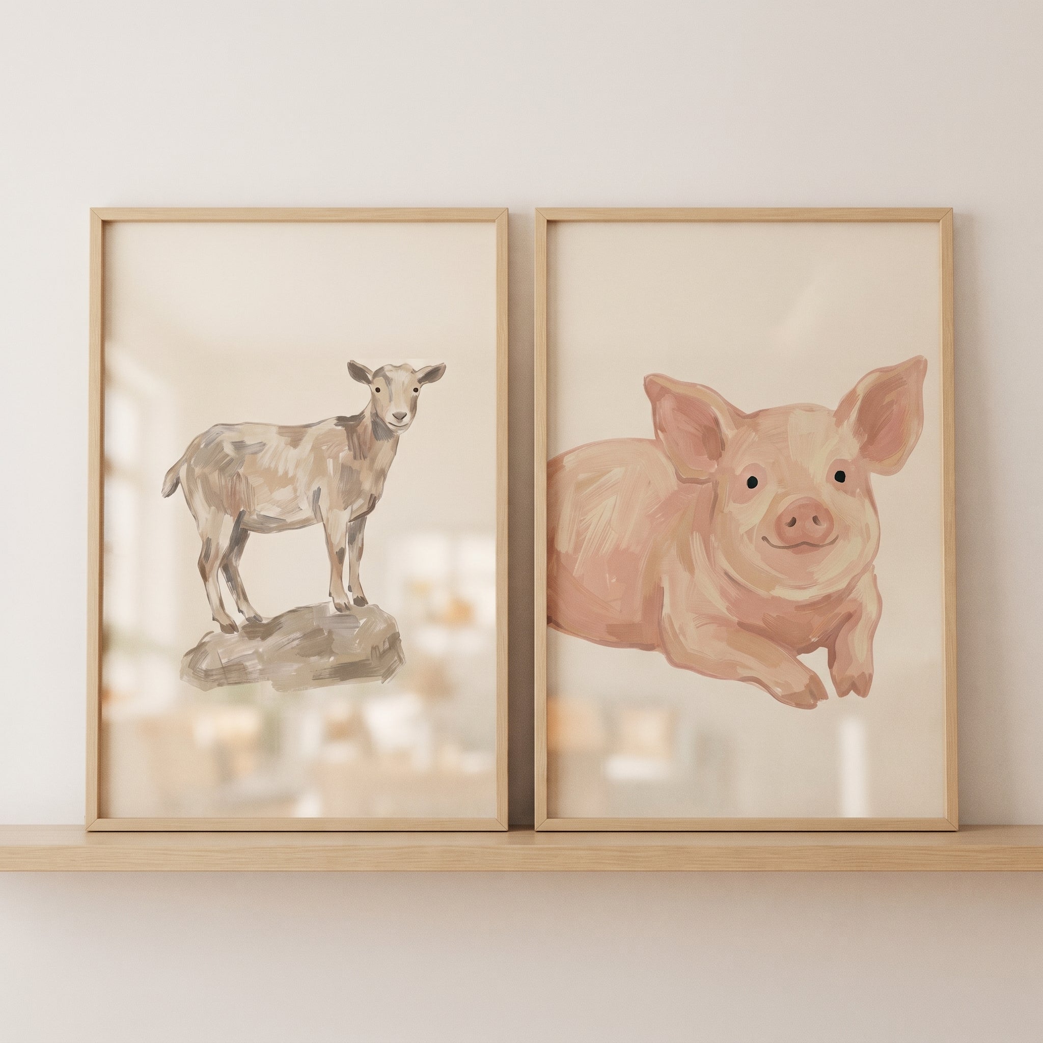 Soft Neutral Farm Animals Wall Art Set of 2 - Barnyard Animal Duo