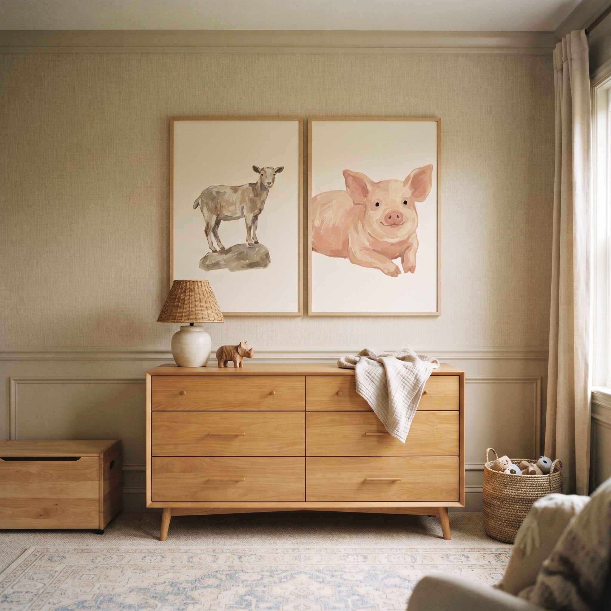 Soft Neutral Farm Animals Wall Art Set of 2 - Barnyard Animal Duo