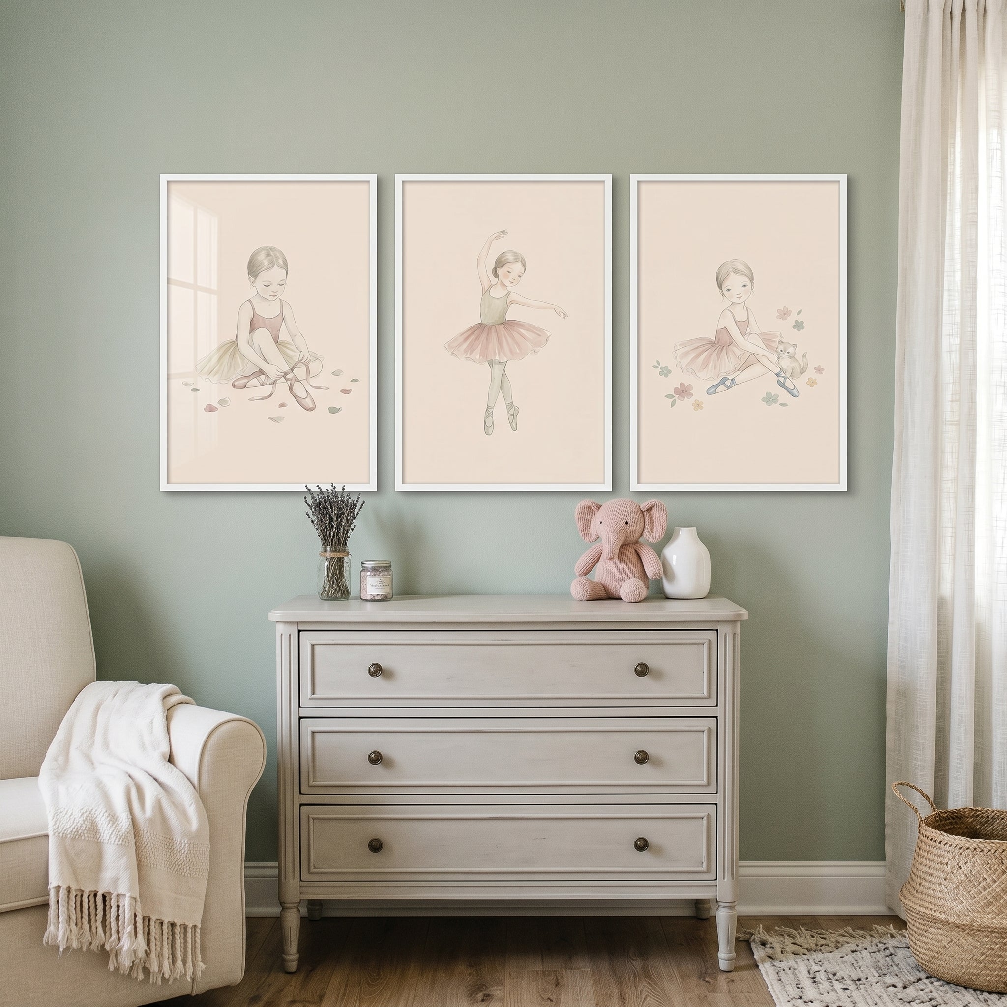 Soft Neutral Girl Ballerina Wall Art Set of 3 - Petite Ballet Dreams