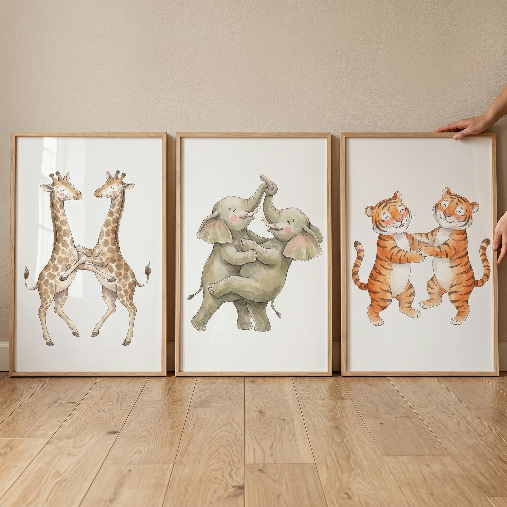 Soft Neutral Hugging Animal Wall Art Set of 3 - Dancing Safari Friends