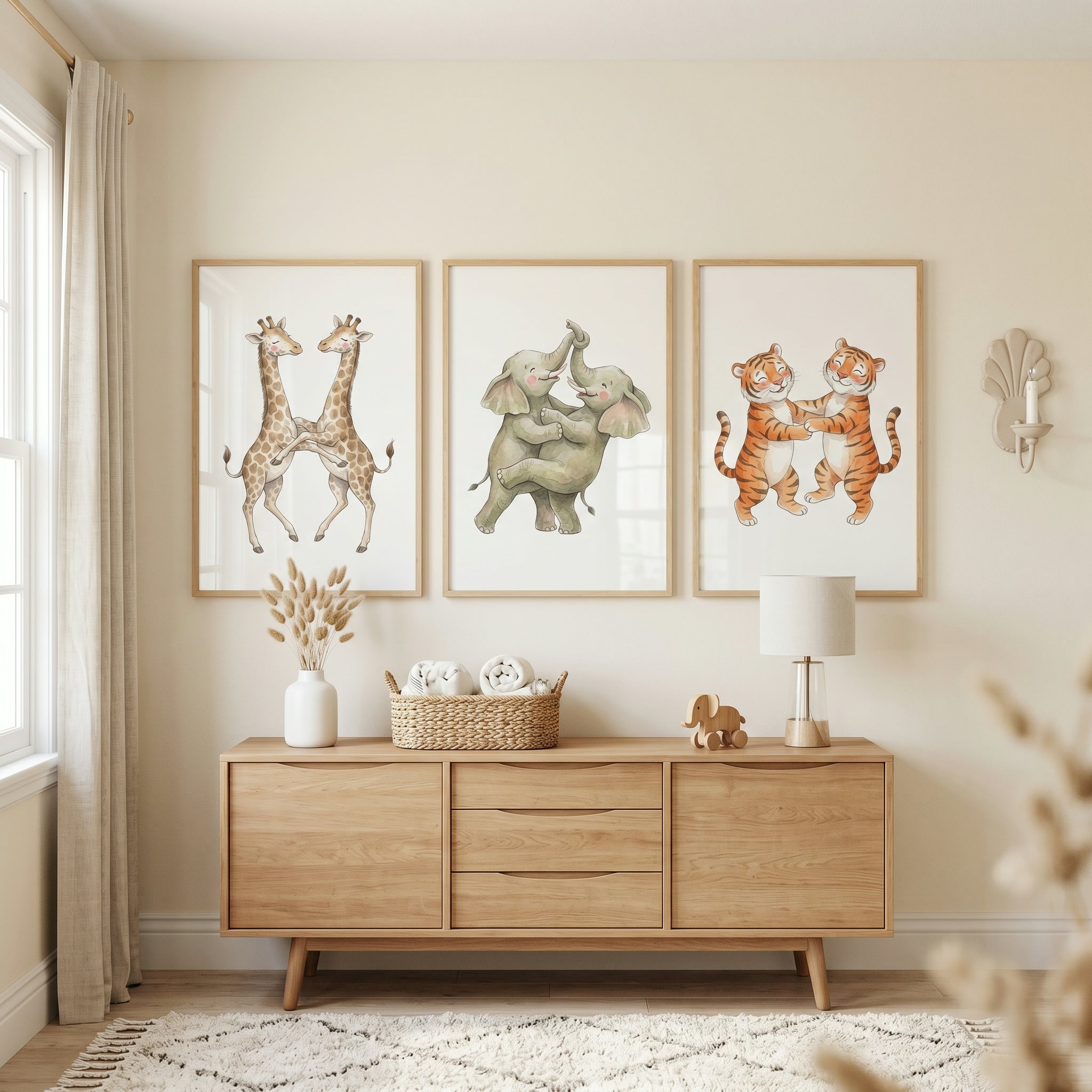 Soft Neutral Hugging Animal Wall Art Set of 3 - Dancing Safari Friends