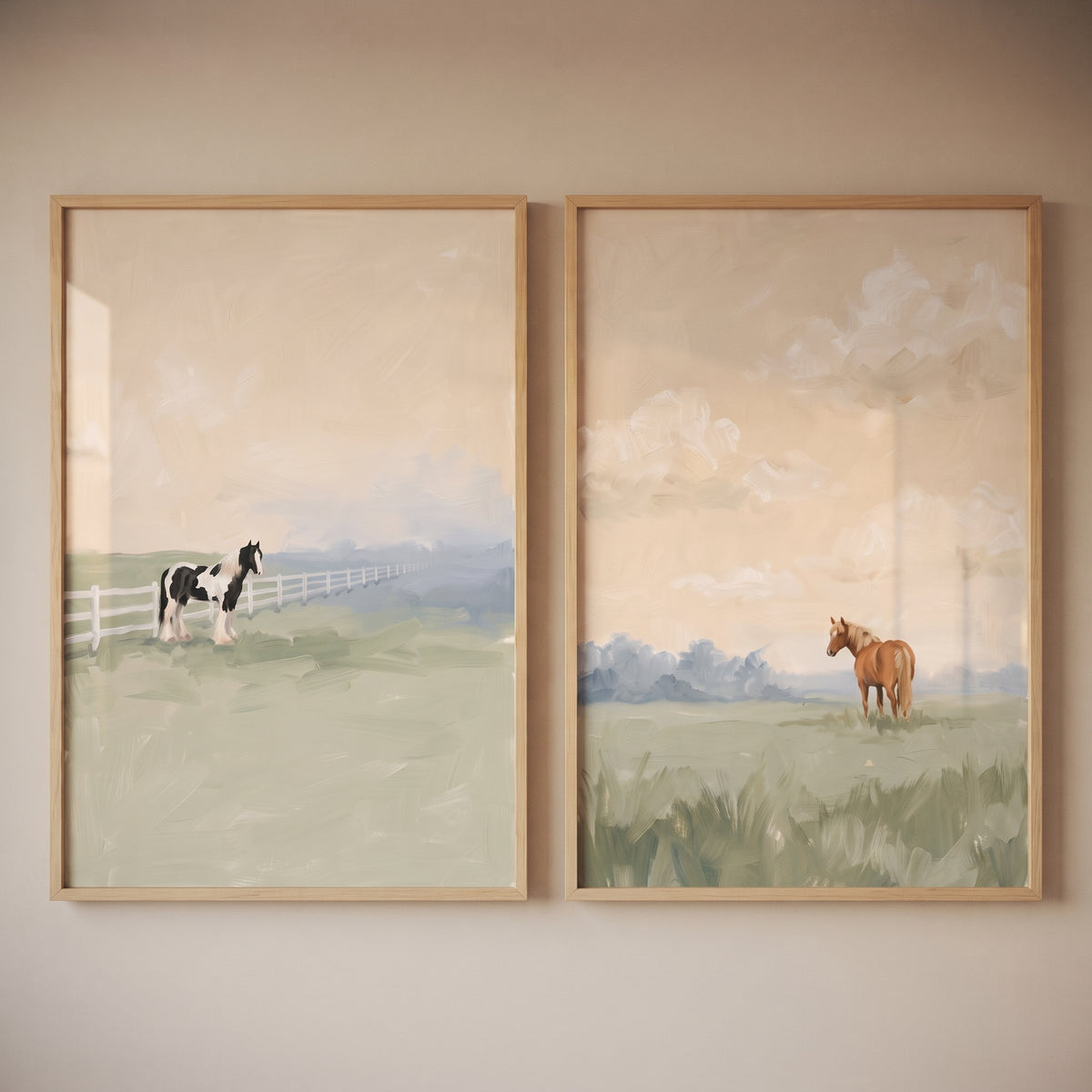 Soft neutral meadow horse wall art set of 2 featuring a black and white horse by a fence and a brown horse in a grassy field.