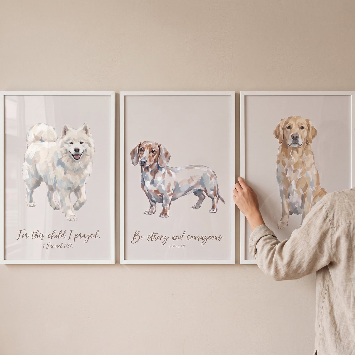 Soft neutral multi dogs wall art set of 3 with a white fluffy dog, a spotted dachshund, and a golden retriever.