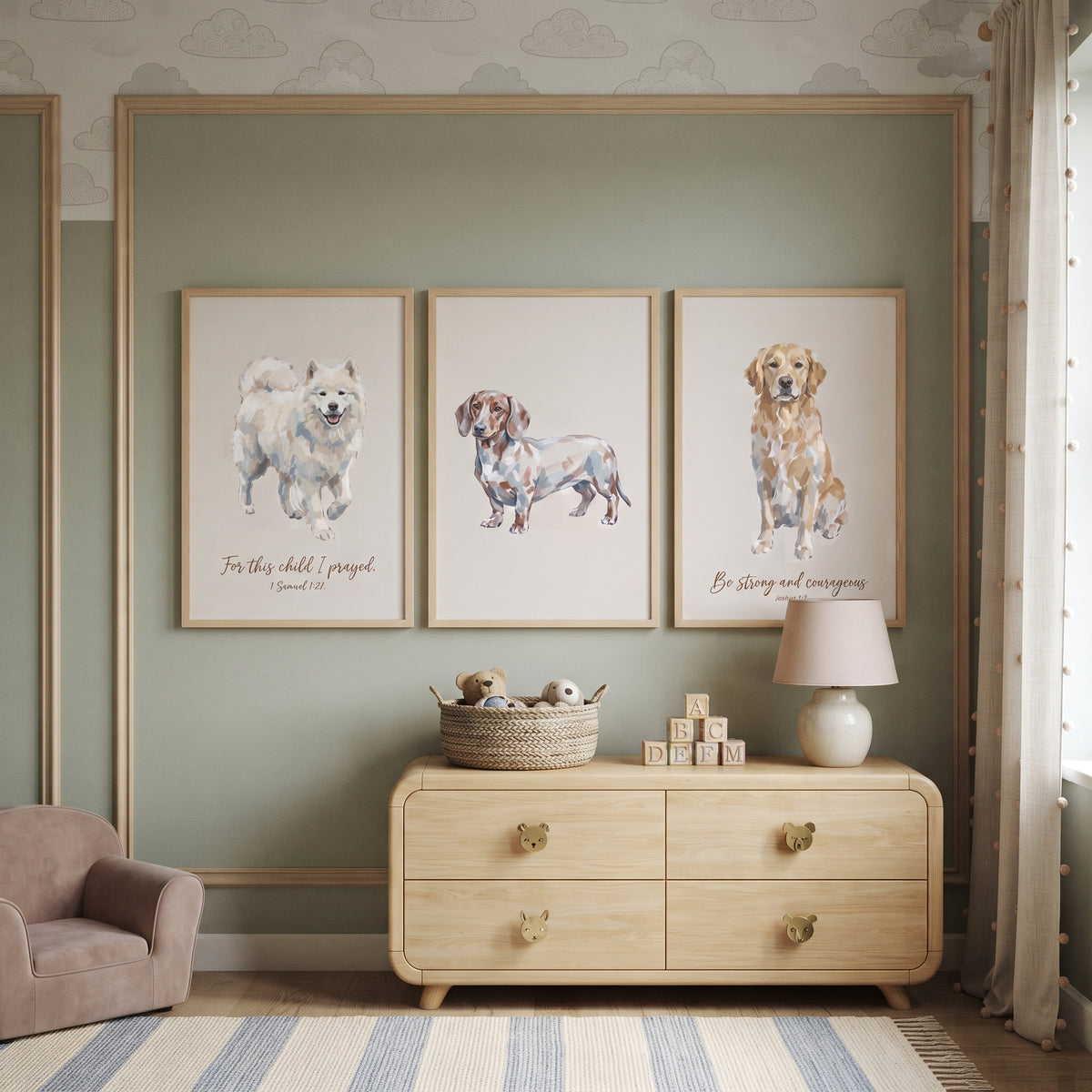 Soft Neutral Multi Dogs Wall Art Set of 3 - Faithful Puppy Trio