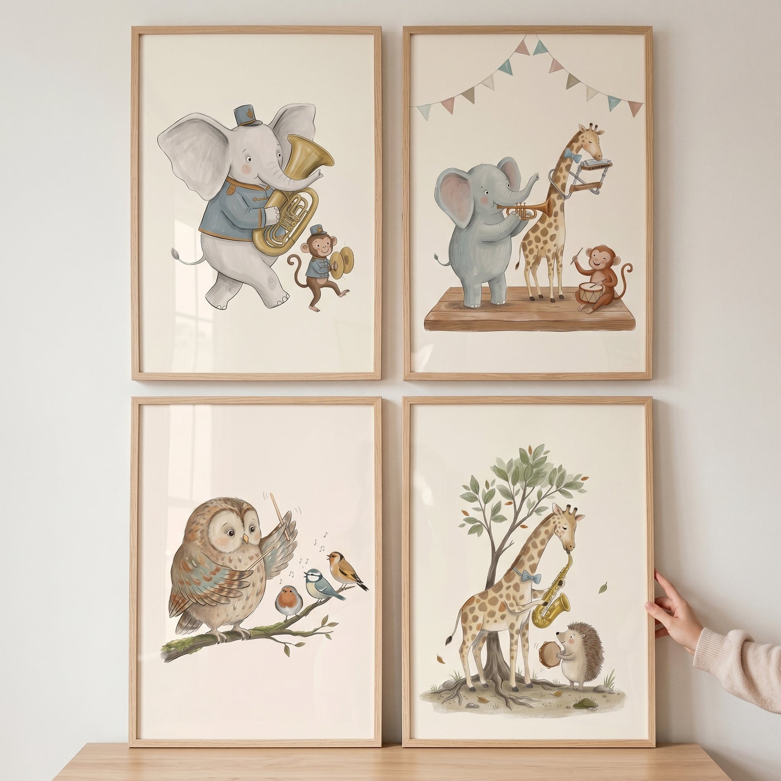 Soft neutral musical animal artwork set of 4 framed illustrations of whimsical animals playing musical instruments.