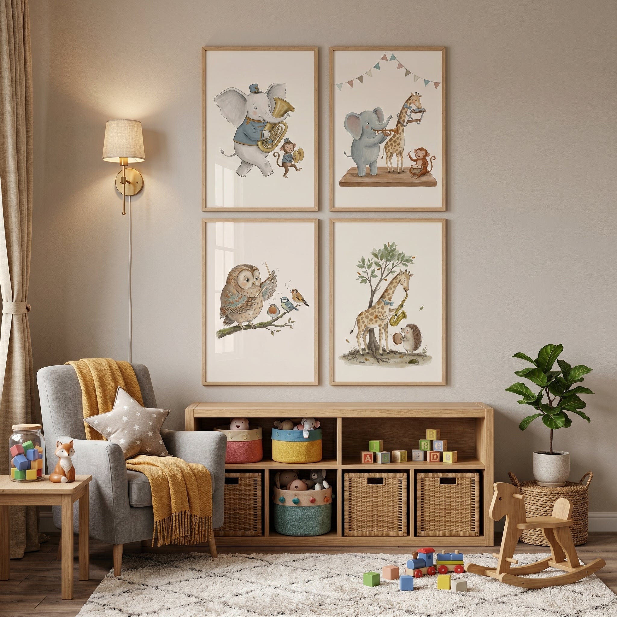 Soft Neutral Musical Animal Artwork Set Of 4 - Woodland Melody Parade