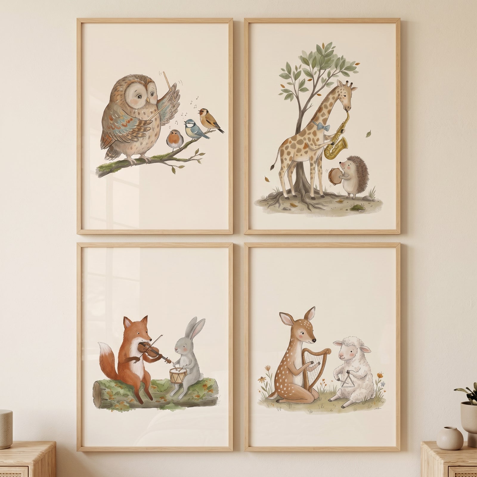Soft neutral musical animals wall art set of 4 featuring a fox, deer, owl, and giraffe playing instruments in wood frames.