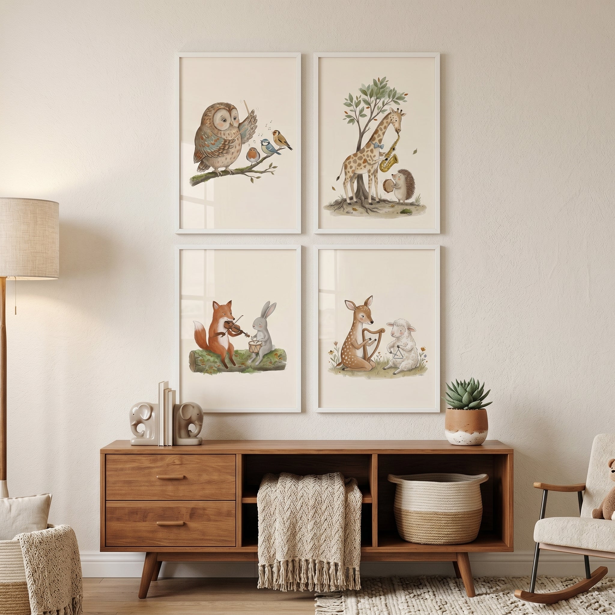 Soft Neutral Musical Animals Wall Art Set Of 4 - Woodland Musical Friends