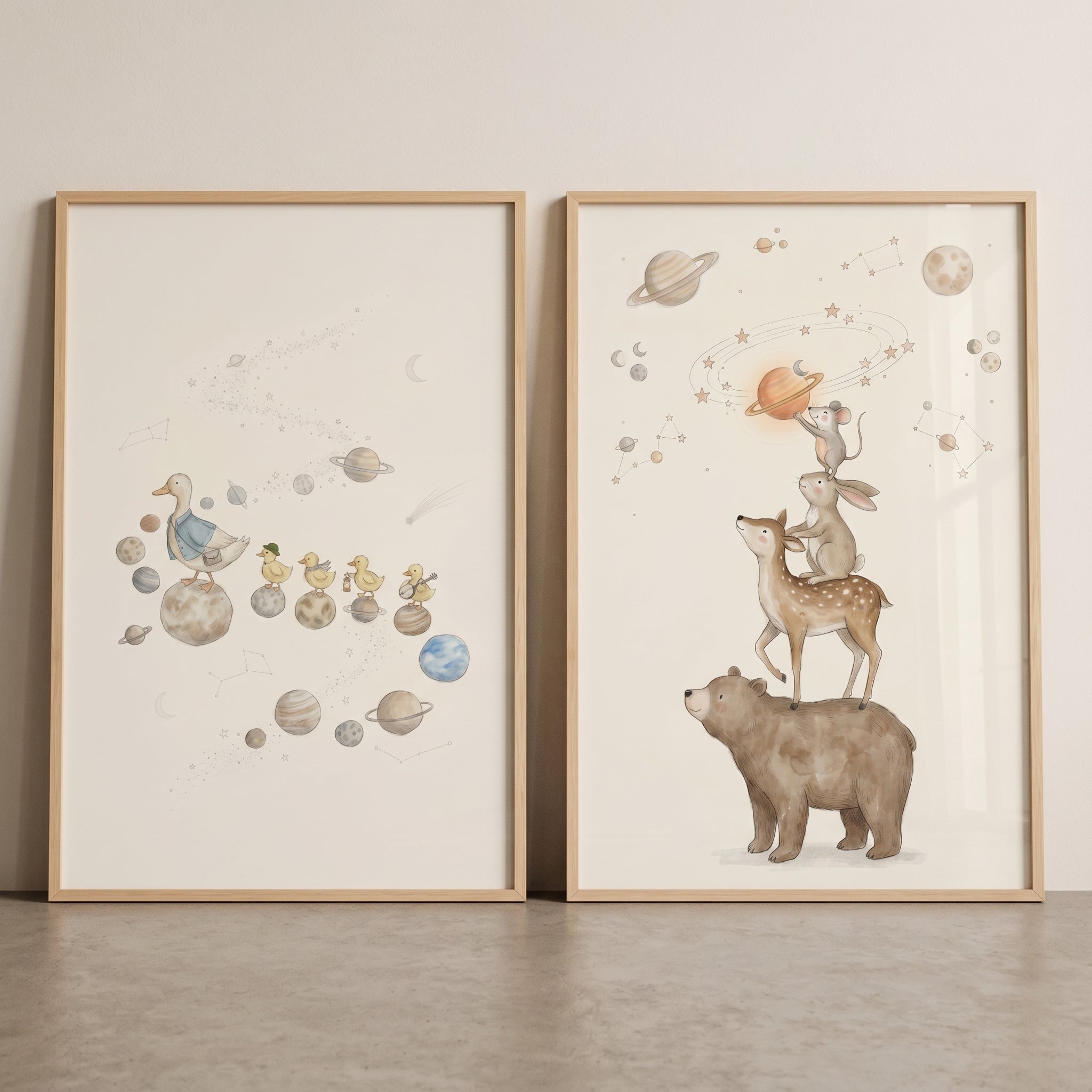 Soft Neutral Palette Animals Wall Art Set of 2 - Starlit Animal Adventure