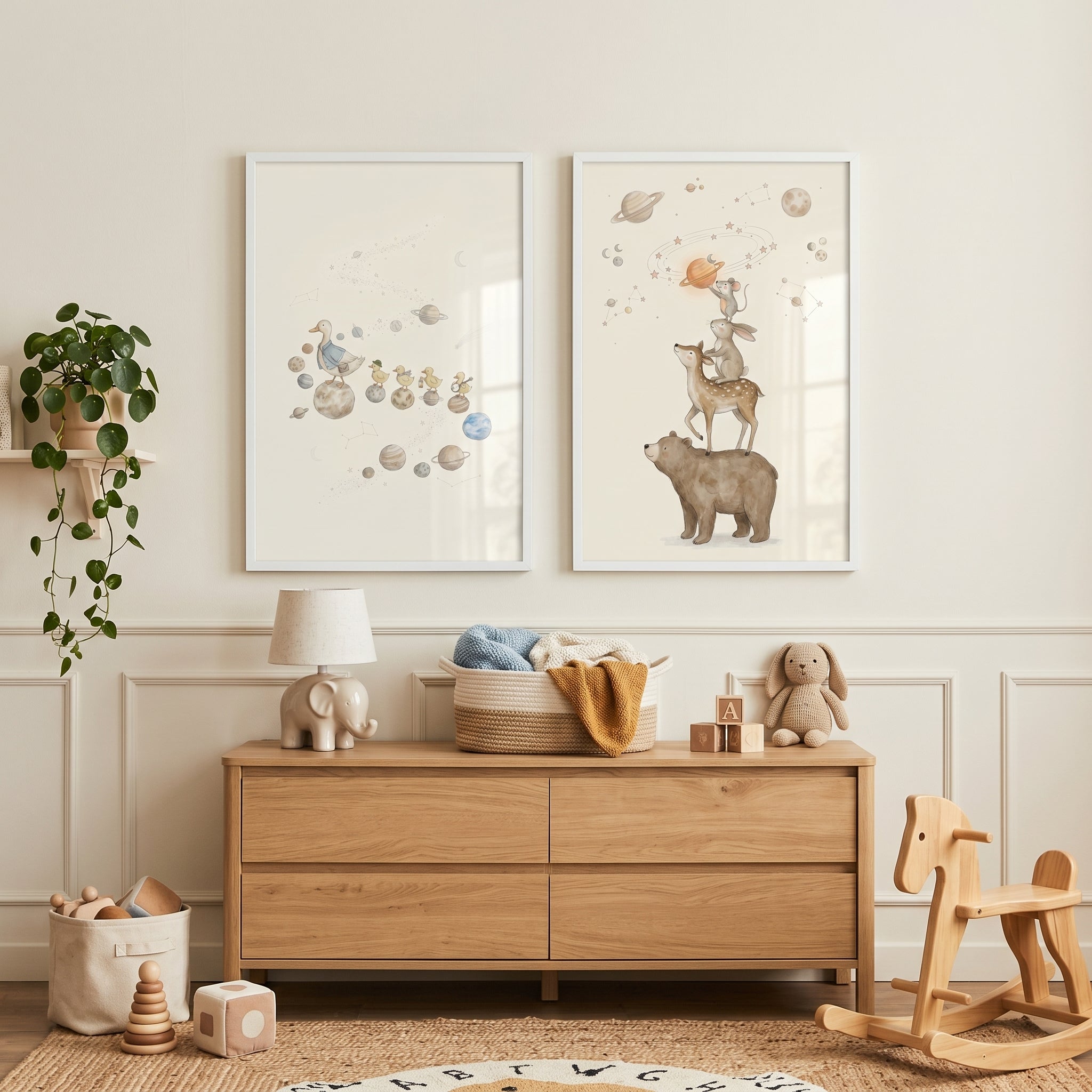 Soft Neutral Palette Animals Wall Art Set of 2 - Starlit Animal Adventure