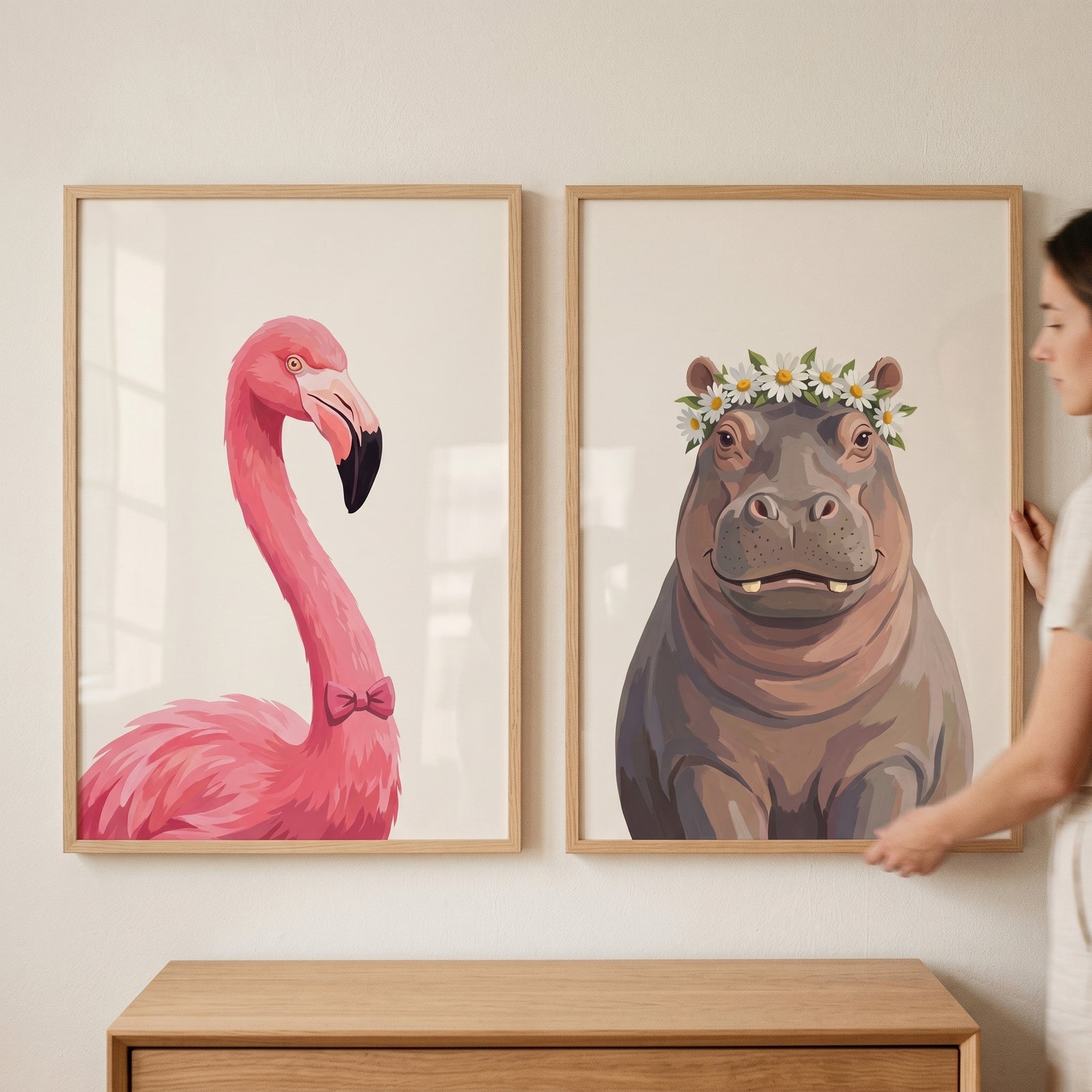 Pink flamingo with a bow tie and hippo with a flower crown in a soft neutral savanna animal artwork set of 2.
