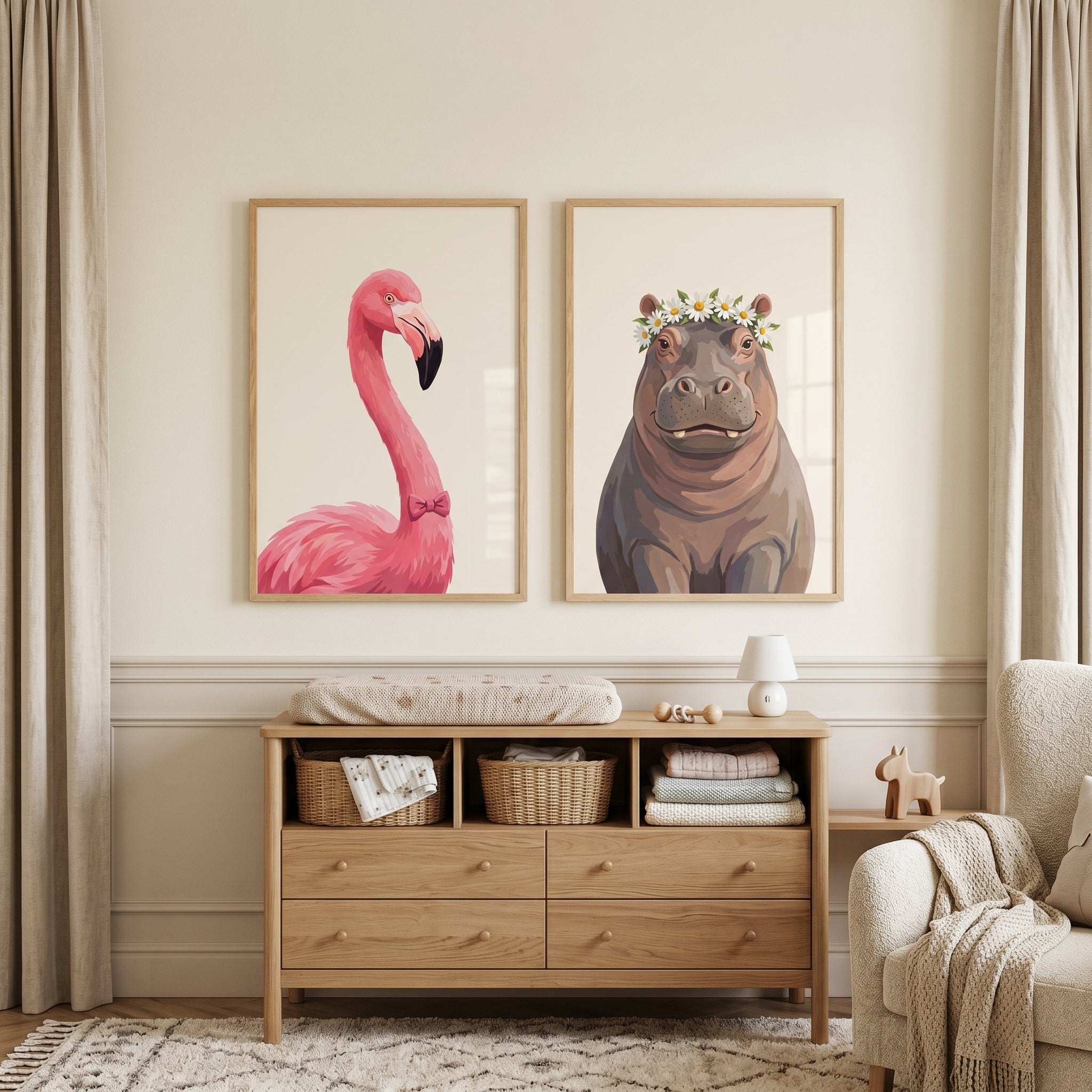 Soft Neutral Savanna Animal Artwork Set of 2 - Whimsical Animal Duo