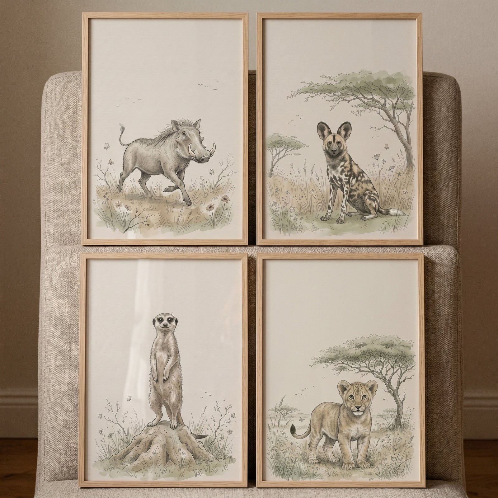 Soft neutral savanna animal wall art set of 4 featuring a warthog, wild dog, meerkat, and lion cub in light wood frames.