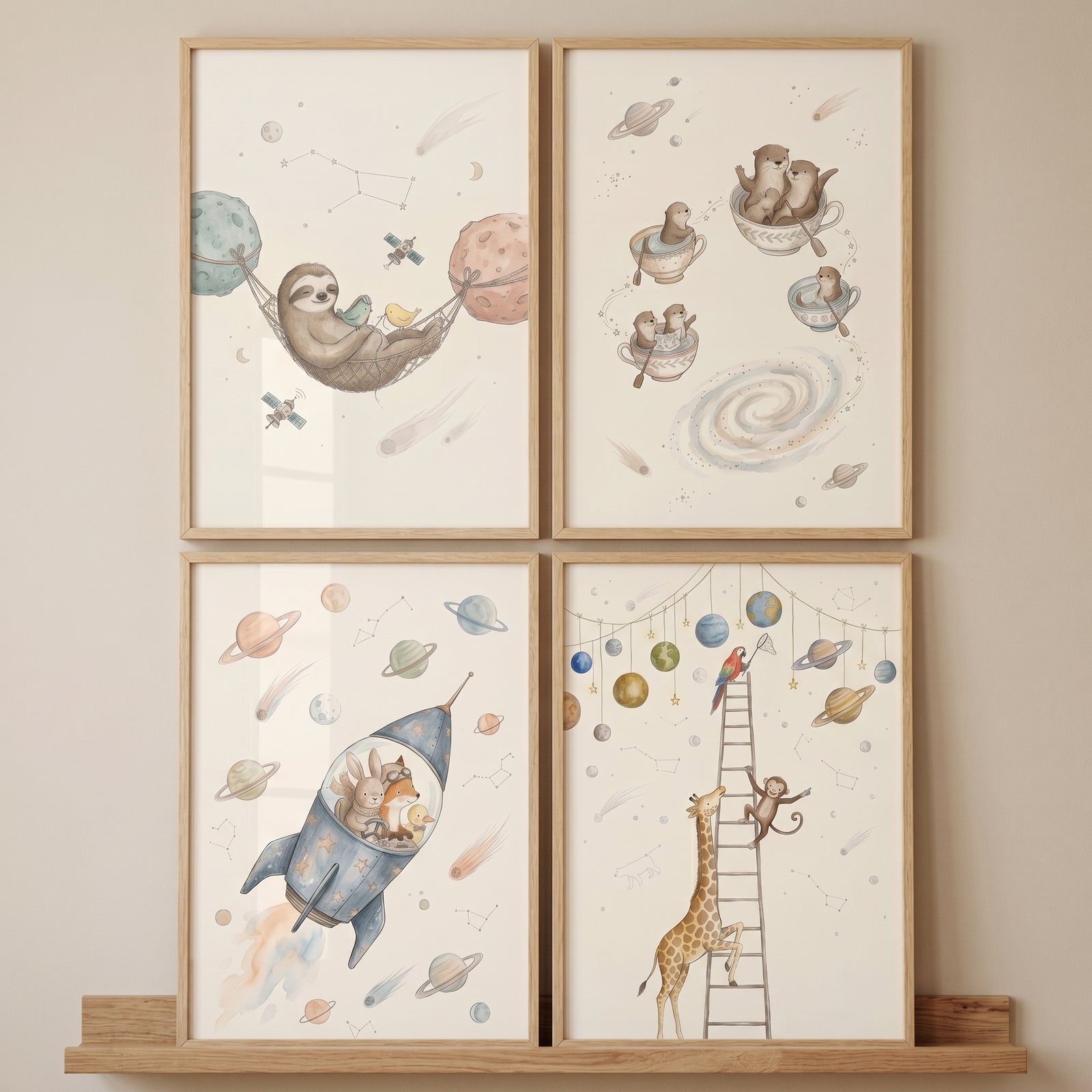 Soft neutral space animals wall art set of 4 featuring a sloth, otters, a rocket ship, and a giraffe in wooden frames.