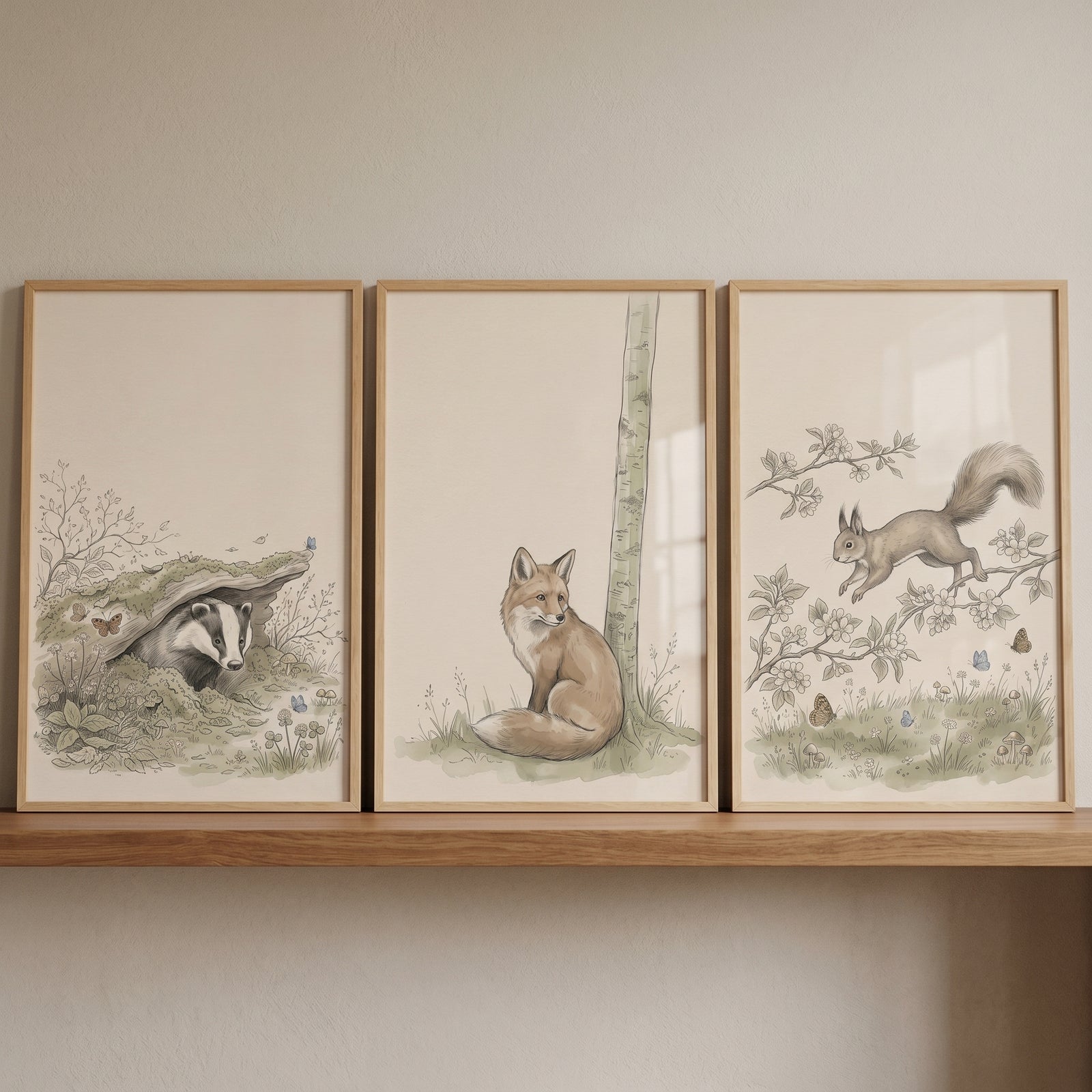Badger, fox, and squirrel illustrations in a soft neutral woodland animal wall art set of 3 displayed on a wooden shelf.