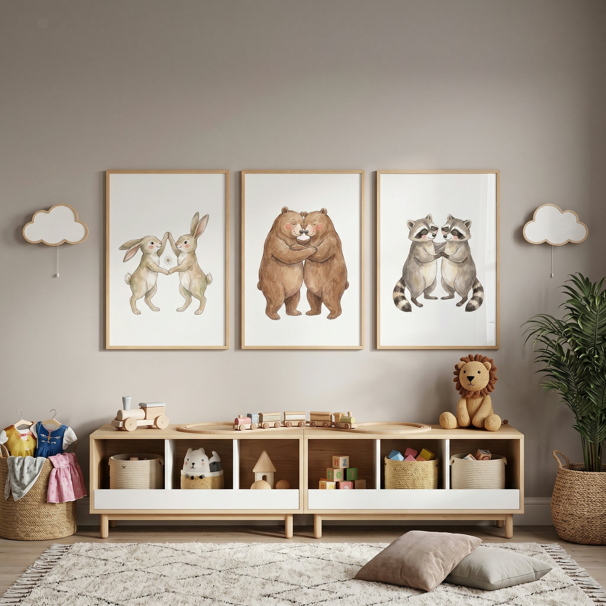 Soft Neutral Woodland Animal Wall Art Set of 3 - Woodland Hugs