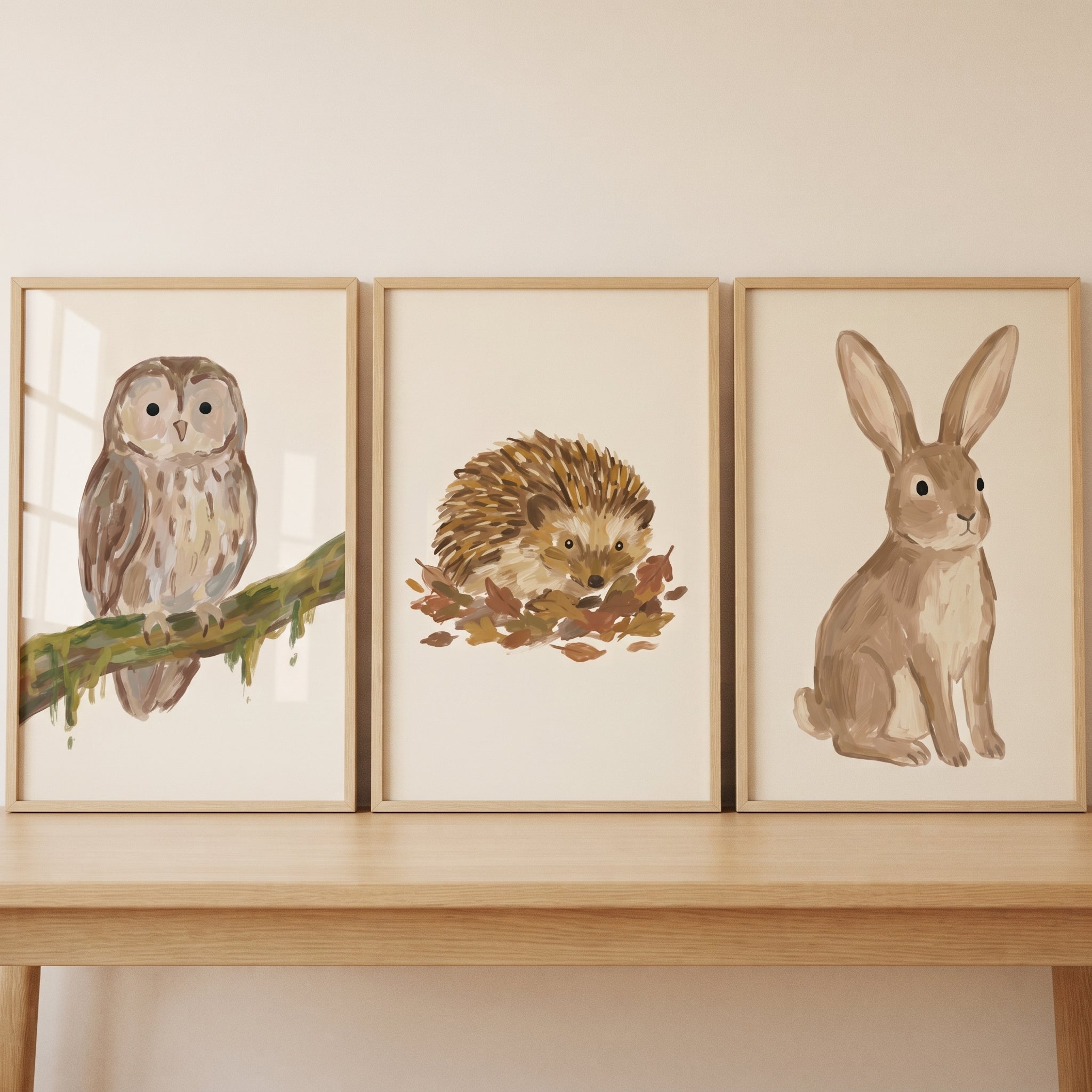 Soft Neutral Woodland Animals Wall Art Set of 3 - Rustic Forest Creatures