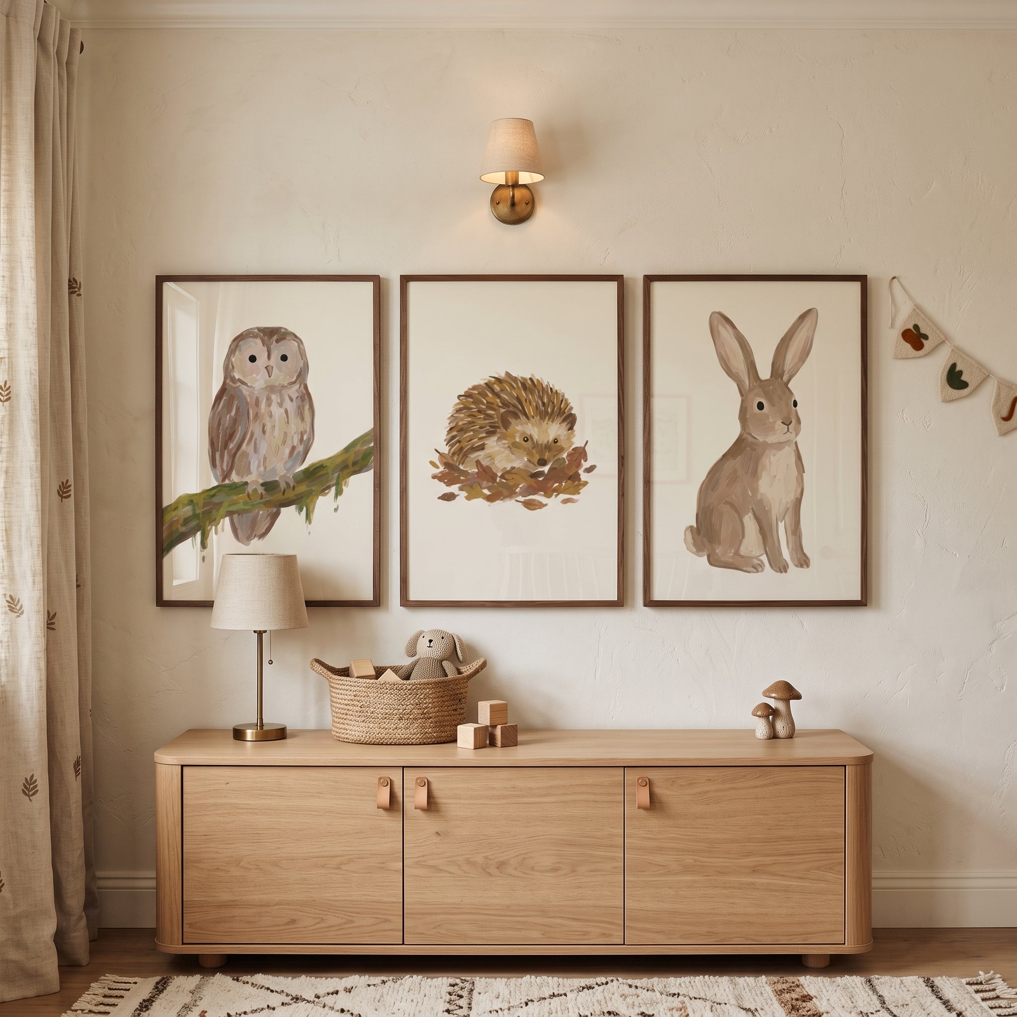 Soft Neutral Woodland Animals Wall Art Set of 3 - Rustic Forest Creatures