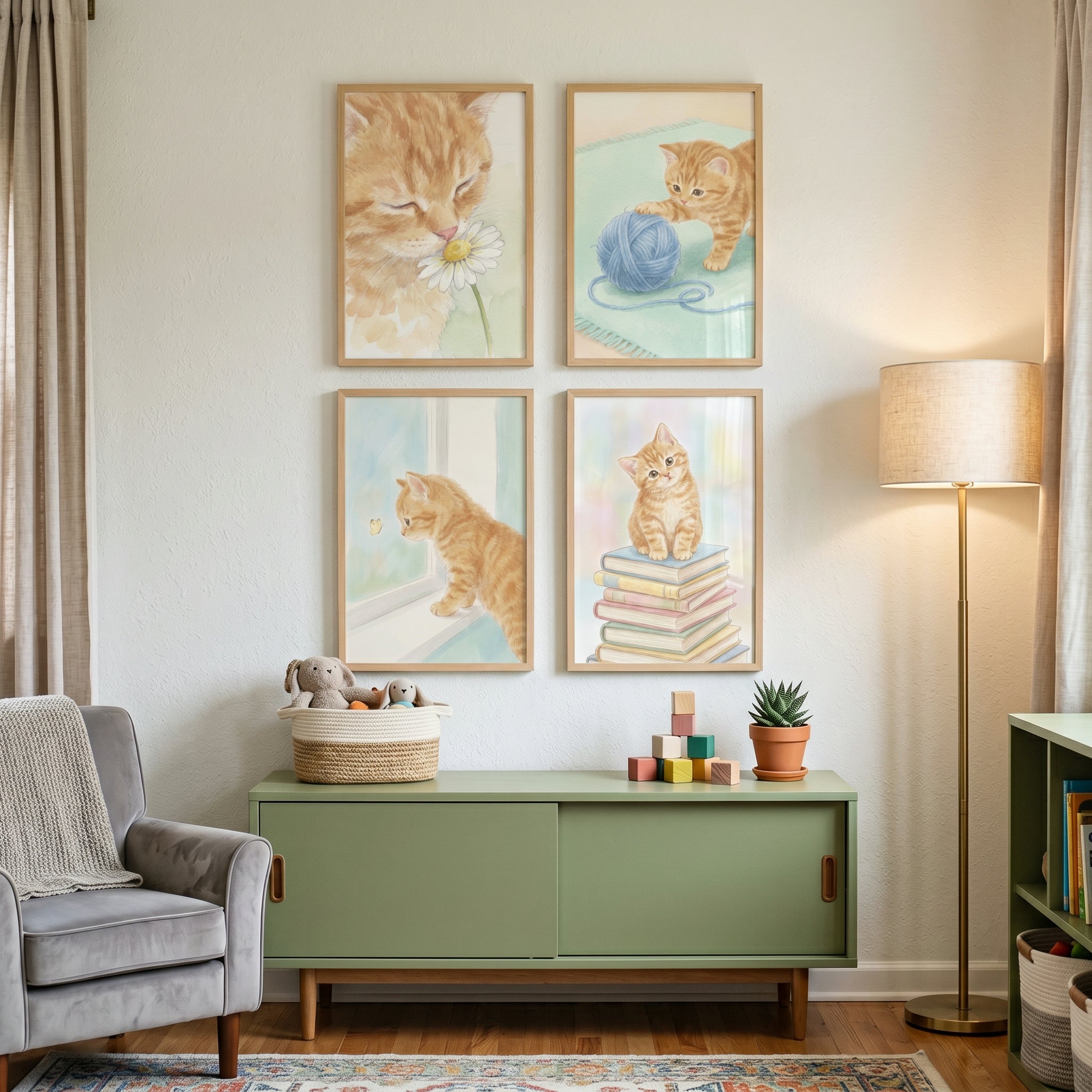Soft Orange Tabby Kitten Artwork Set of 4 - Whimsical Tabby Days