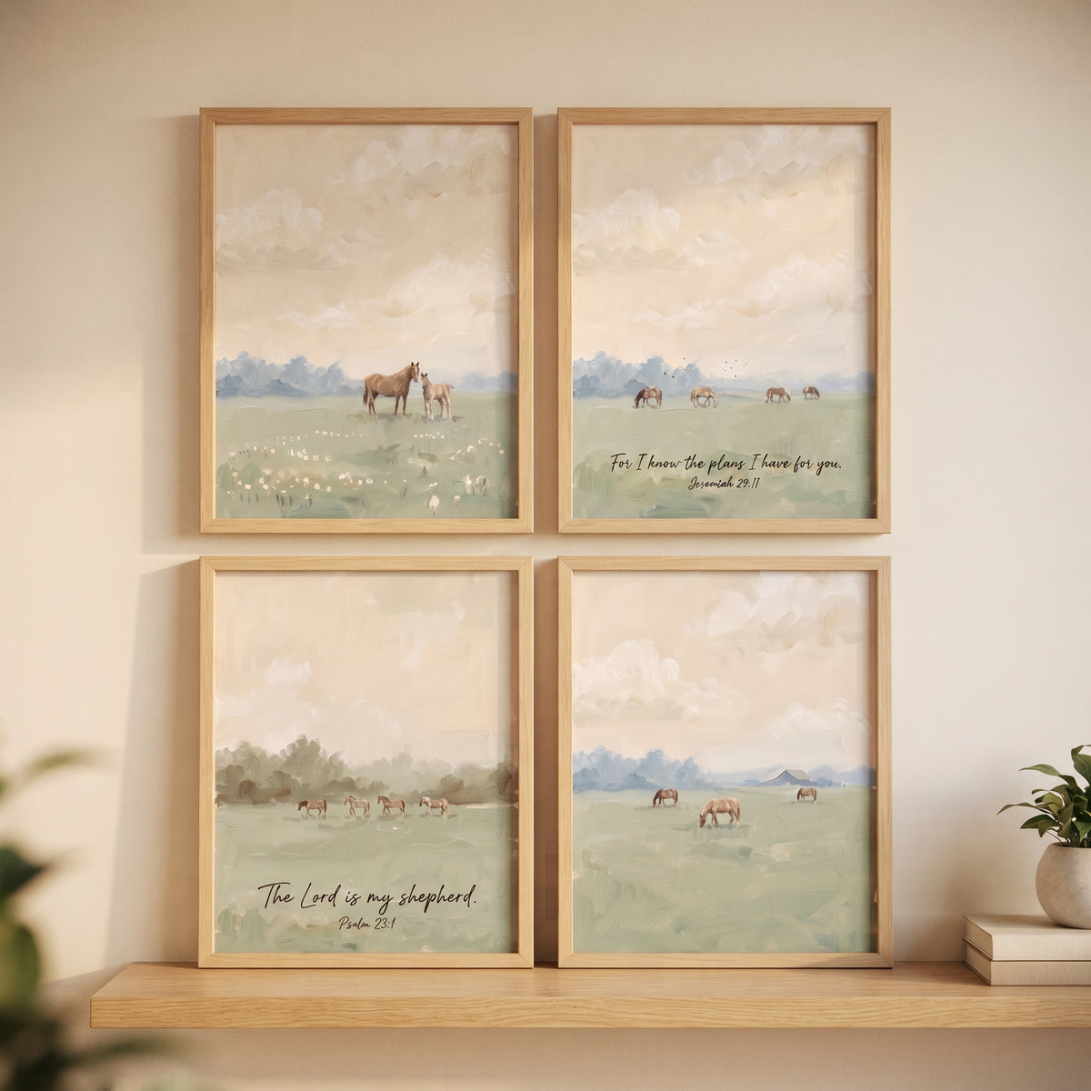 Soft painterly meadow horse wall art set of 4 with horses in green fields and bible verses in light wood frames.