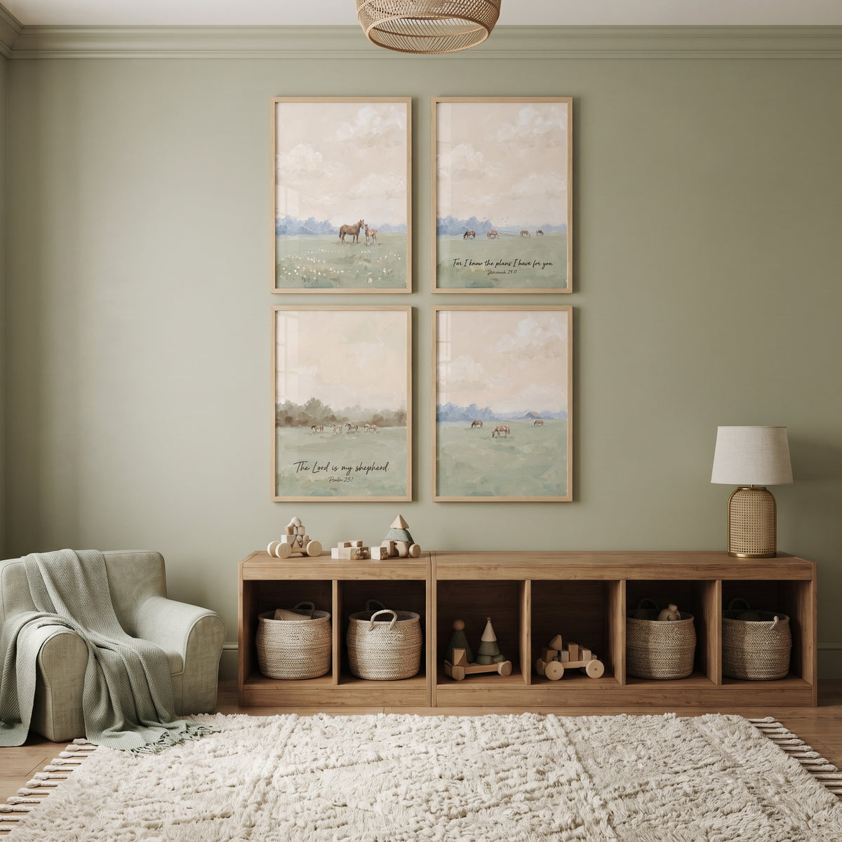 Soft Painterly Meadow Horse Wall Art Set Of 4 - Graceful Pasture Verses