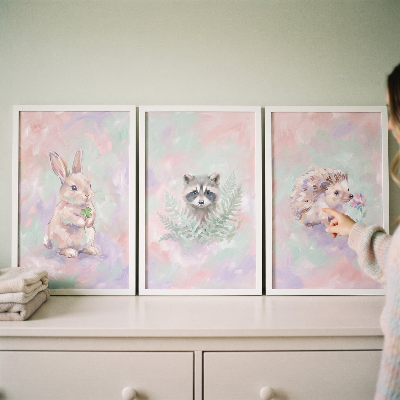 Soft painterly woodland animal wall art set of 3 with a rabbit, raccoon, and hedgehog on a white dresser.