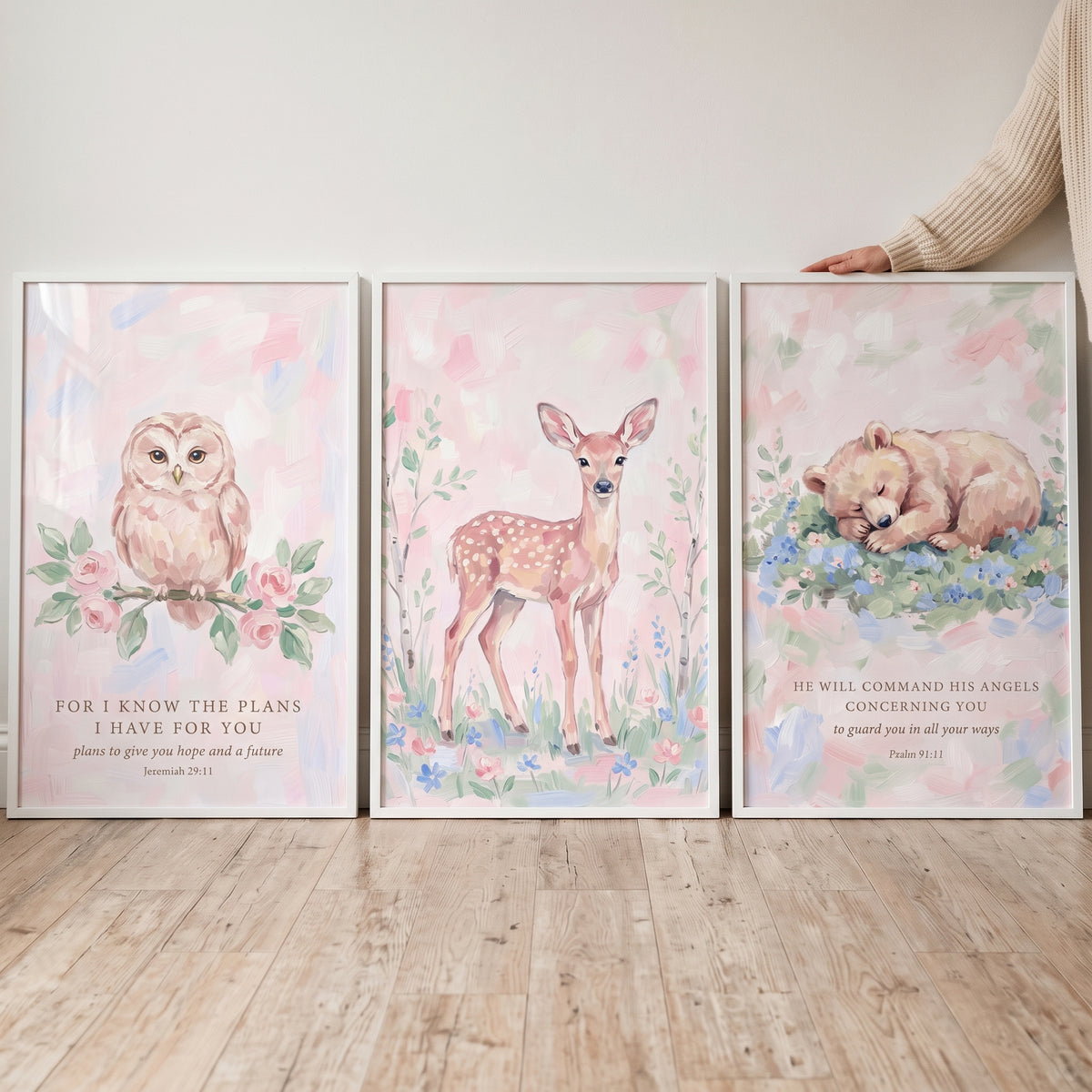 Soft Painterly Woodland Animals Wall Art Set of 3 - Pastel Nursery Blessings
