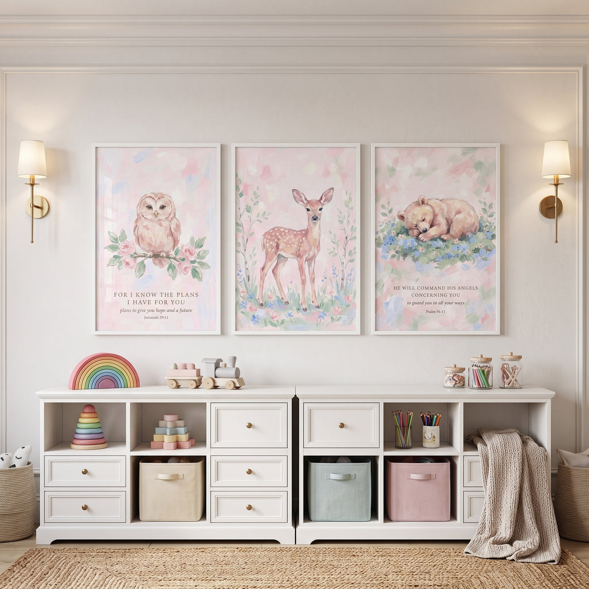 Soft Painterly Woodland Animals Wall Art Set of 3 - Pastel Nursery Blessings